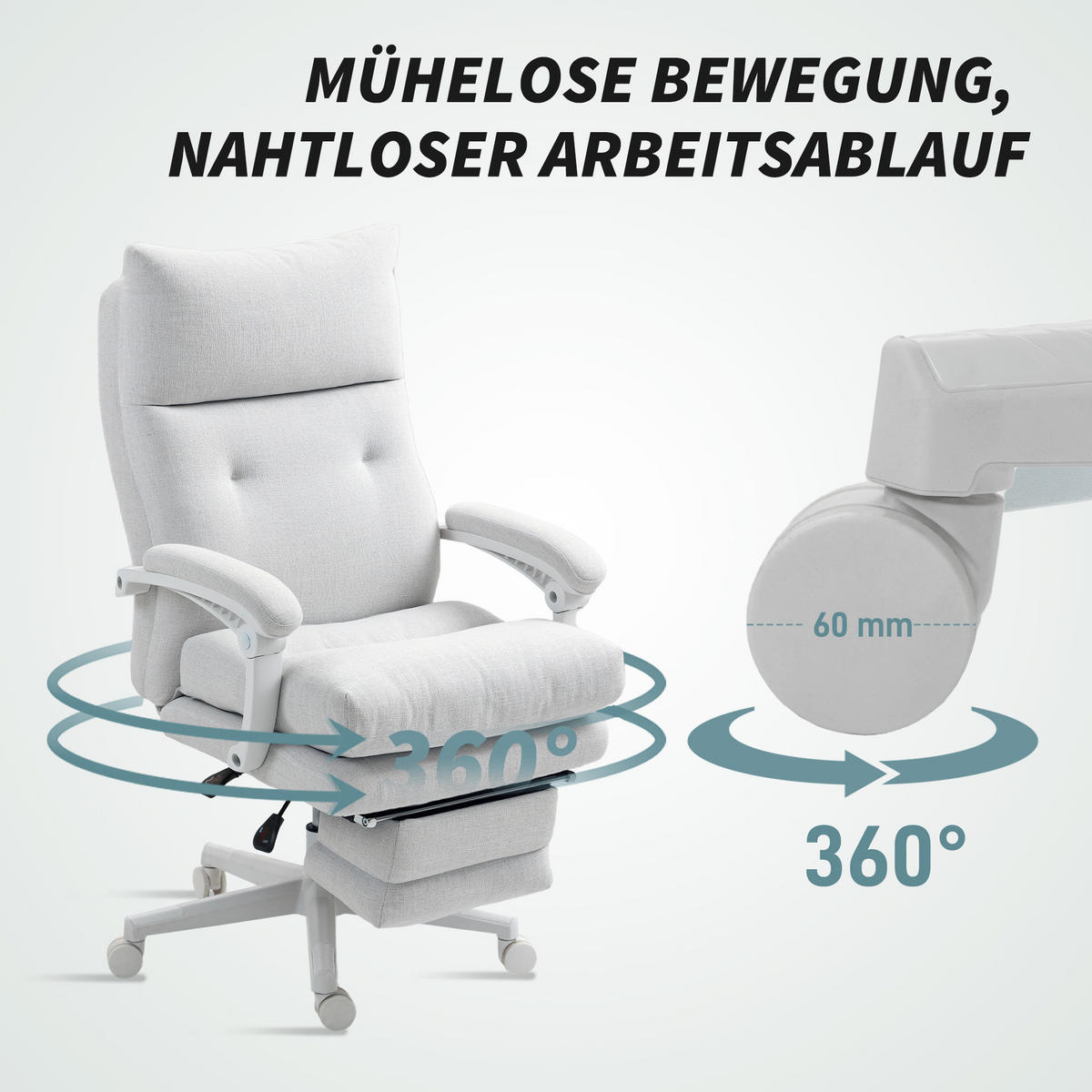 BÜROSTUHL Ergonomischer Schreibtischstuhl mit Lendenwirbelstütze, Fußstütze - Creme, Textil (68/122/70cm) - HOMCOM