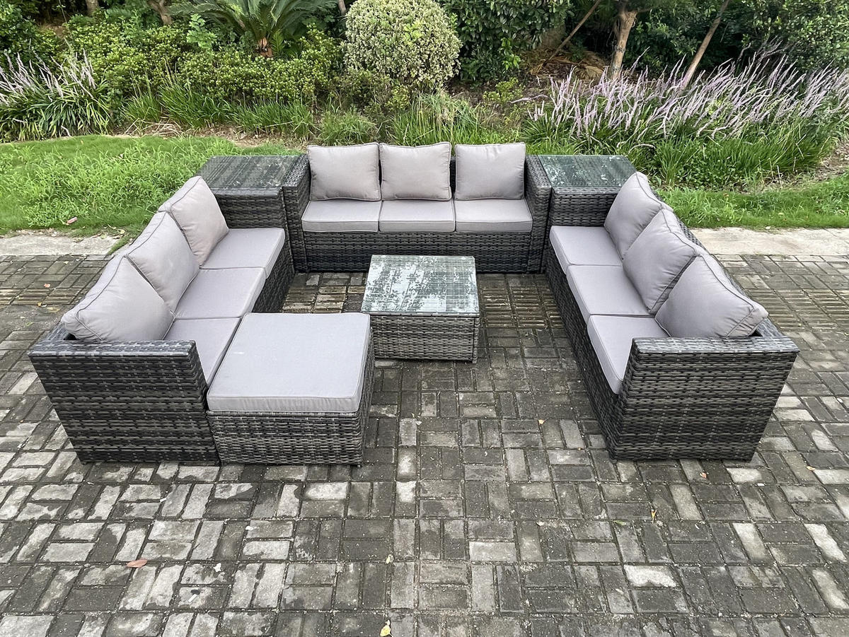 GARTENTISCHGRUPPE Polyrattan 11-Sitzer - Dunkelgrau, Metall - Fimous