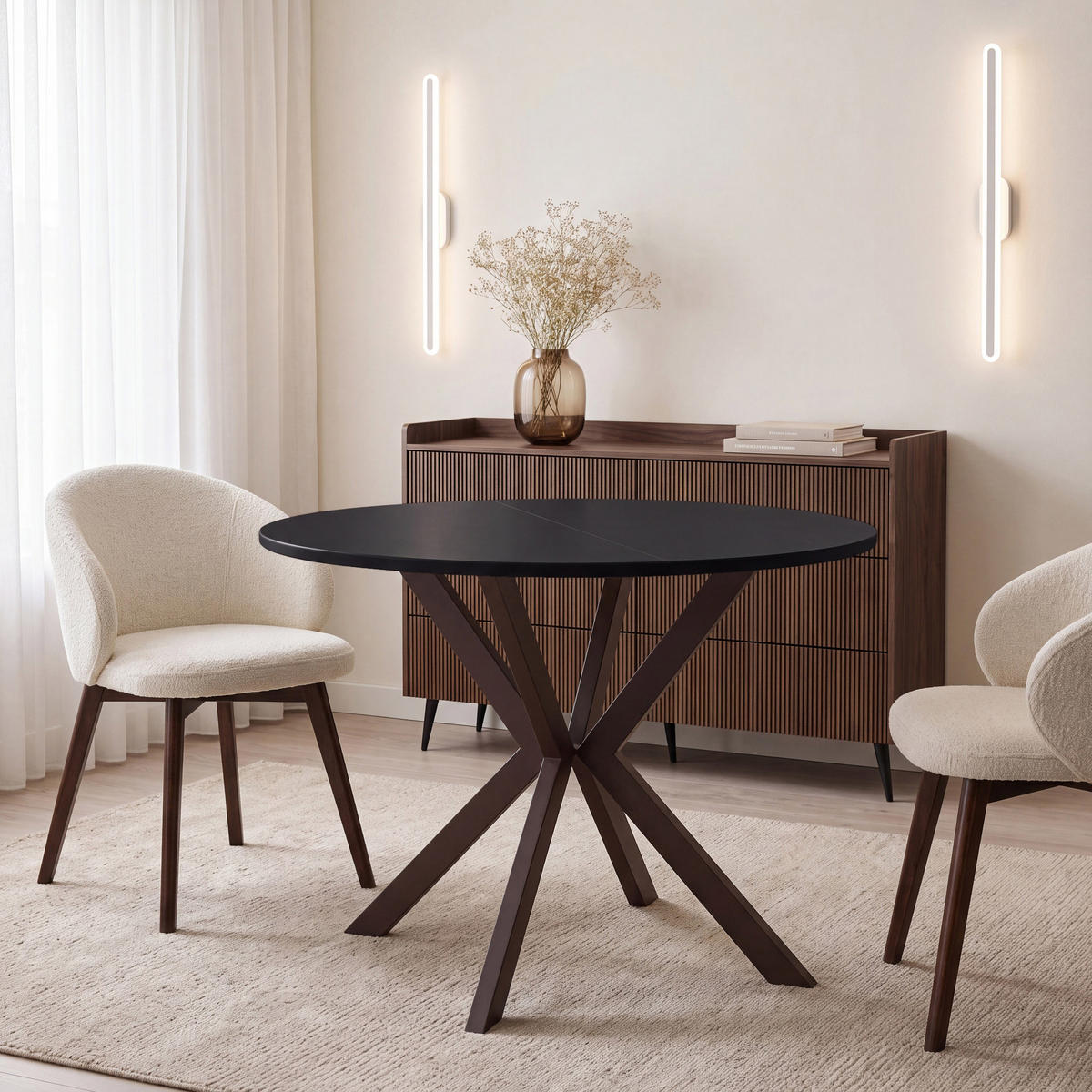 ESSTISCH Valio rund oval ausziehbar verlängerbar mit braunen Metallbeinen, Schwarz 90-130/90/76 cm - Schwarz/Braun, Holzwerkstoff/Metall (90/130/76cm) - WFL GROUP