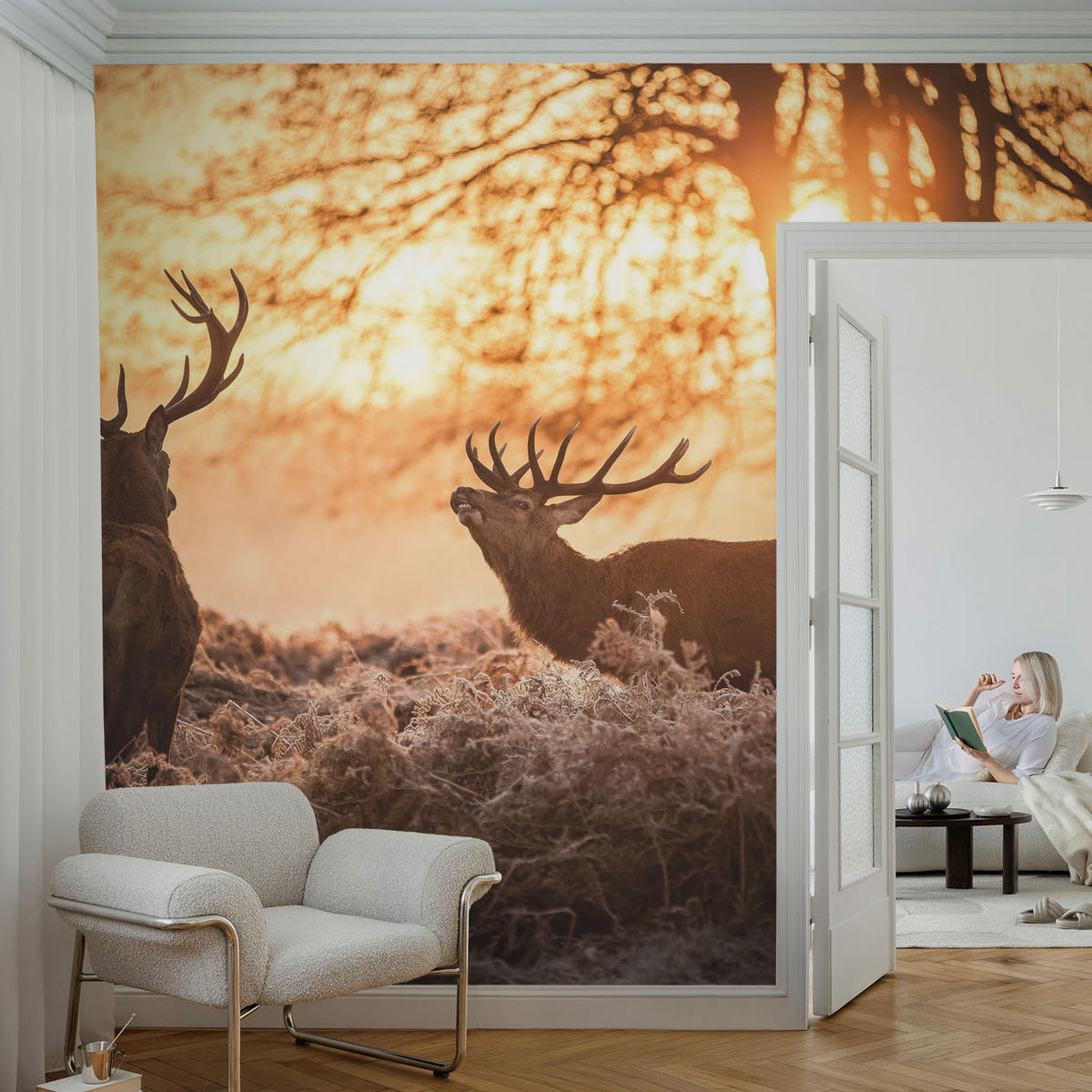 FOTOTAPETE 104x70 cm - Rehe am Morgen - Schwarz, Textil (104/70cm) - Wallfluent