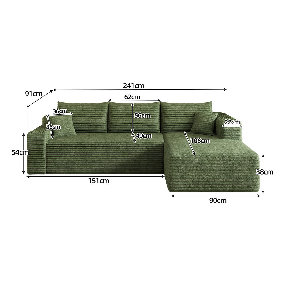 ECKSOFA 241/151/58 cm grün aus Stoff ohne Montage - Grün, Textil (151/241cm) - OKWISH