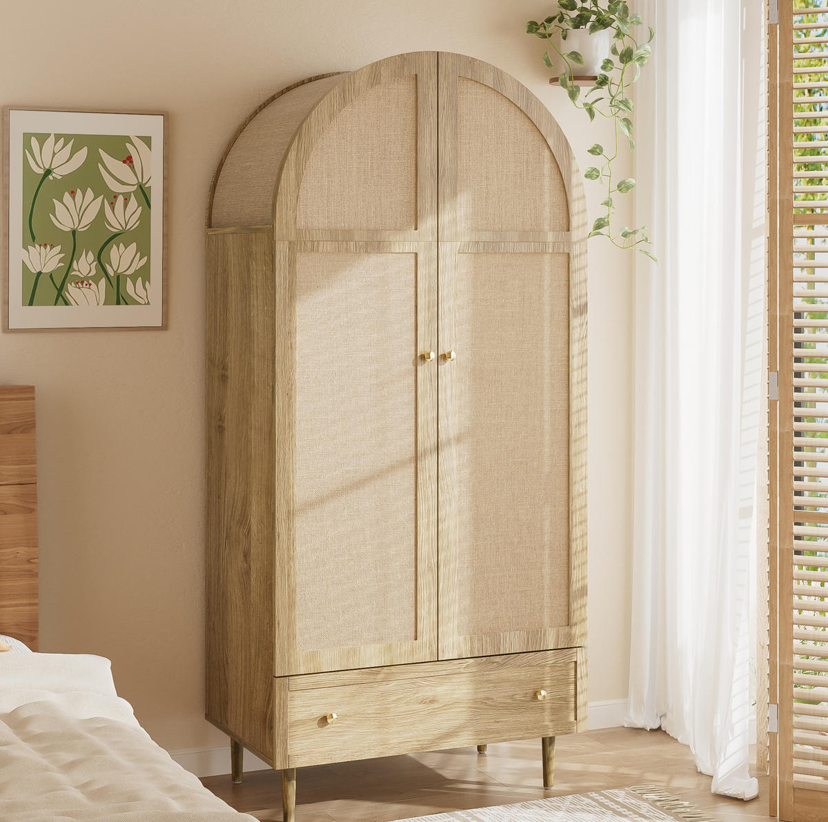 KLEIDERSCHRANK aus MDF 79x50x175 cm Eichefarben mit Kleiderstange und Schubladen, stoffbezogene Türen - Nussbaumfarben, Holzwerkstoff (79/175/50cm) - Modfu