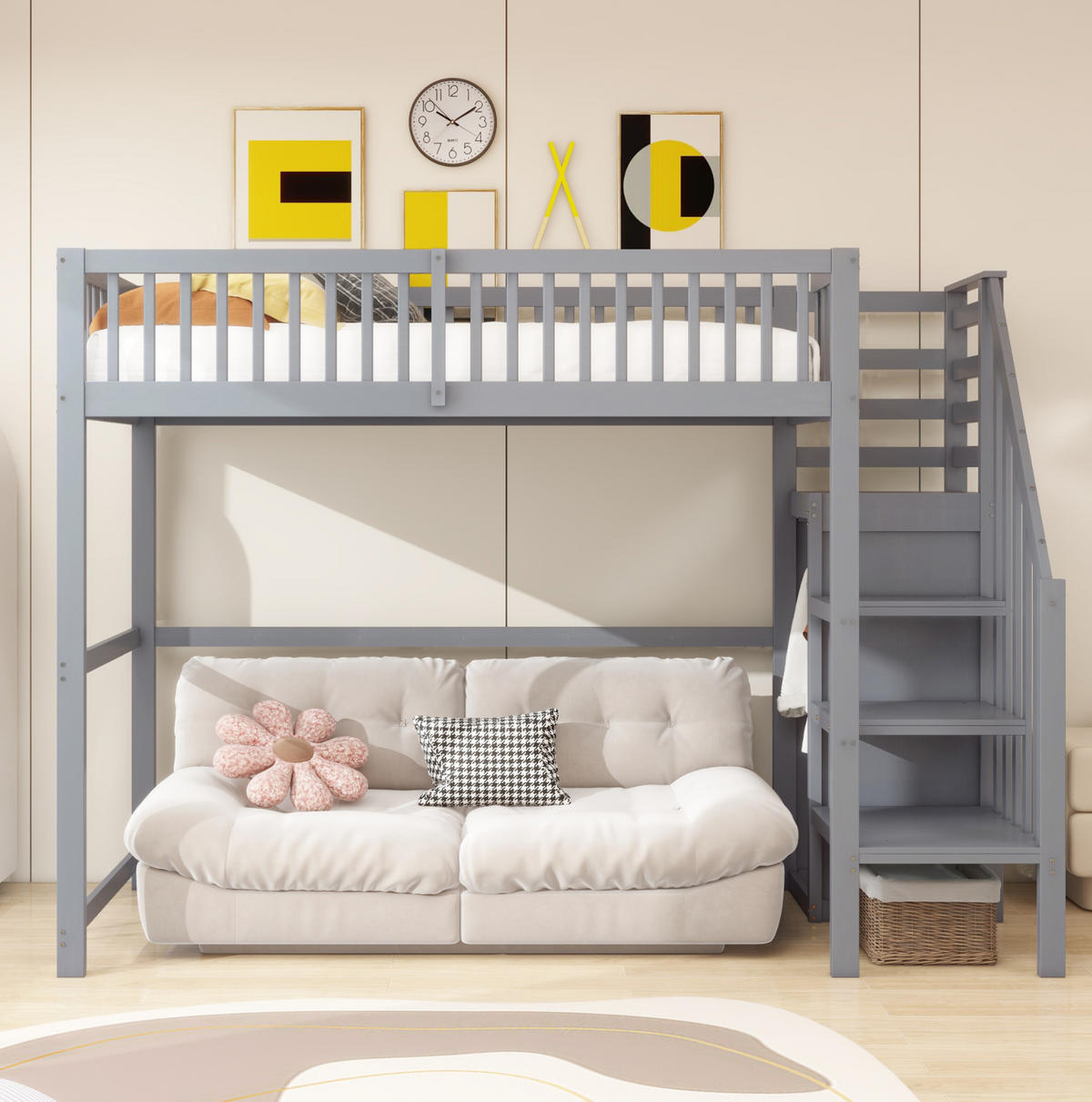 ETAGENBETT 90/200 cm grau aus Holz mit Treppe und Schrank - Grau, Holzwerkstoff (90/200cm) - OKWISH