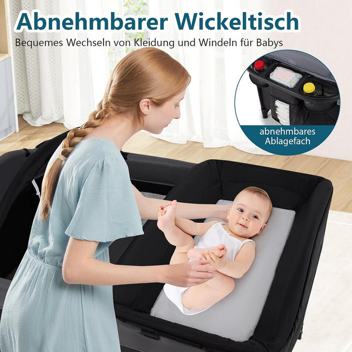 BEISTELLBETT mit Matratze schwarz - Schwarz, Textil - COSTWAY