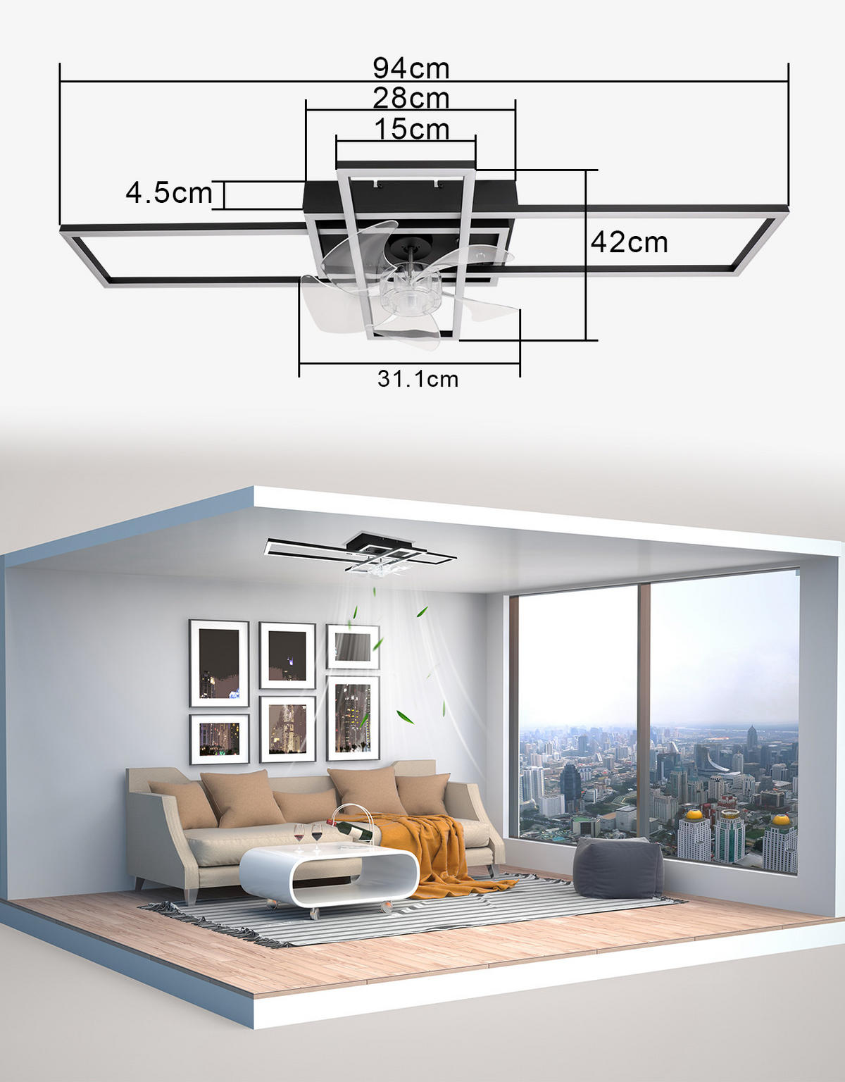 LED DECKENVENTILATOR 42/94/15.5cm - Schwarz, Metall (94/42/15.5cm) - Nettlife
