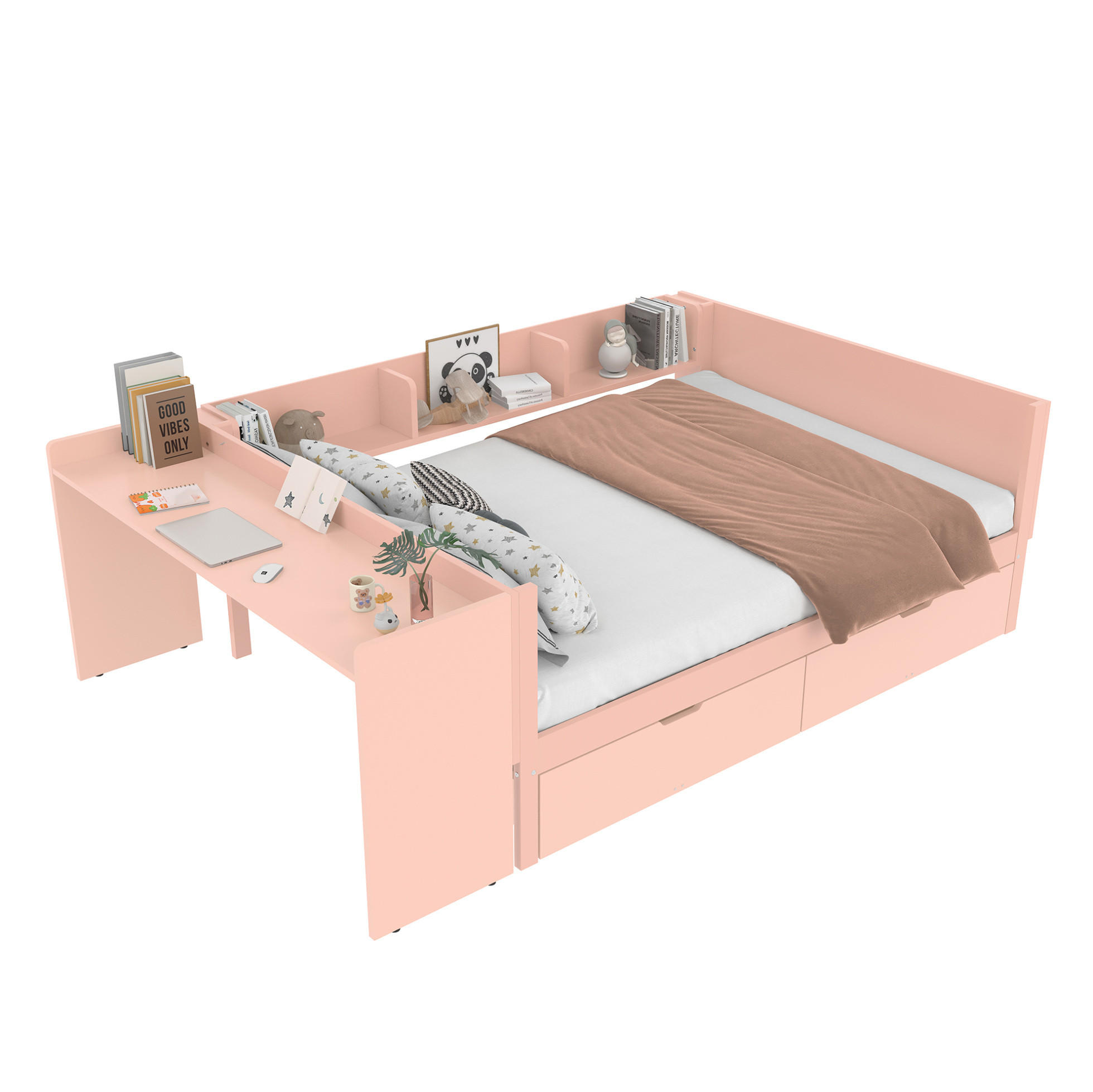 KINDERBETT 140/200 cm in Rosa mit Schreibtisch, 2 Schubladen und Regalen - Rosa, Holz (140/200cm) - BEAOK
