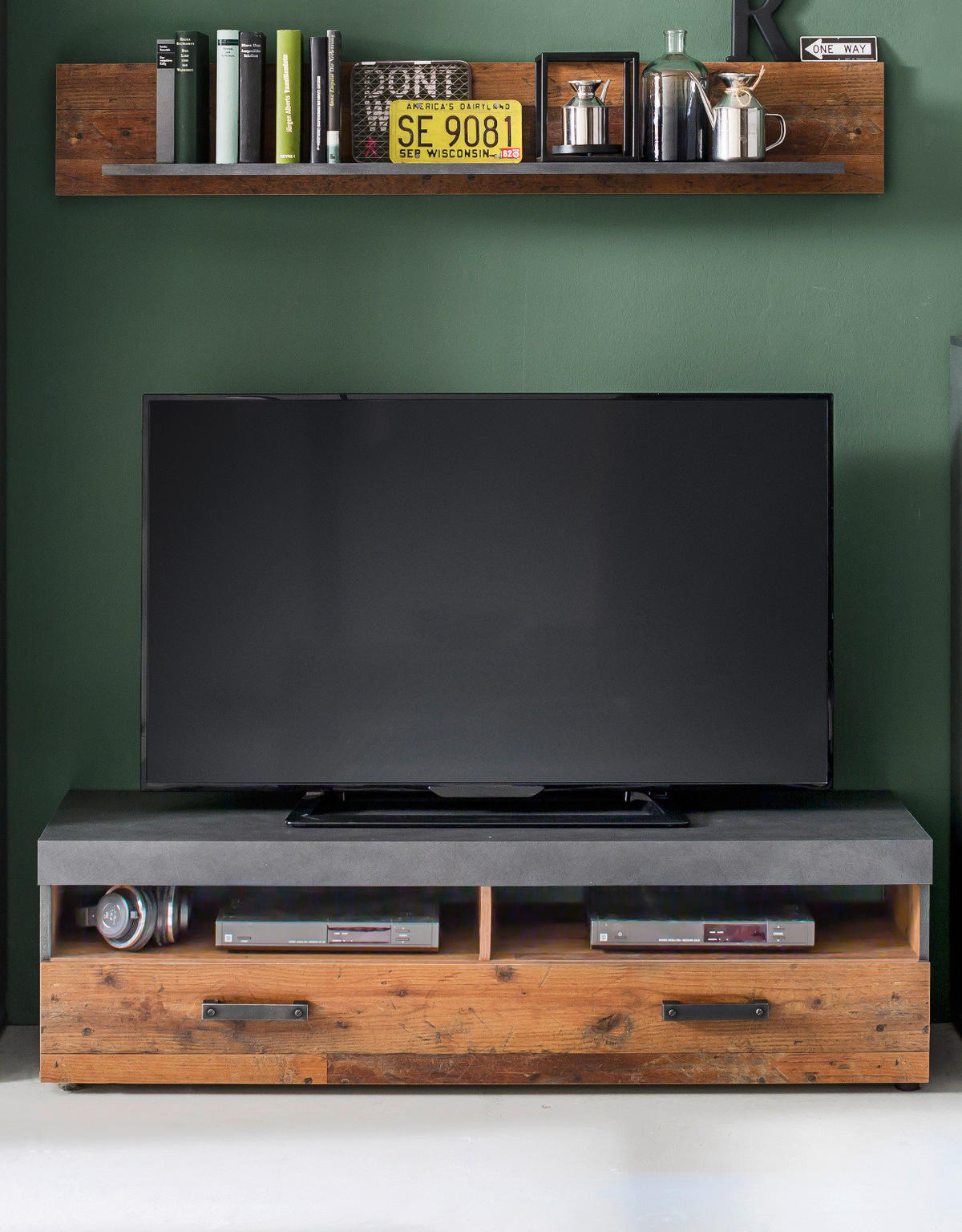 TV-LOWBOARD Used Wood Altholz Dekor mit Grau, Set inklusive Wandregal 140 cm - Silberfarben/Schwarz, Holzwerkstoff/Kunststoff (139/41/40cm) - Top.Furn