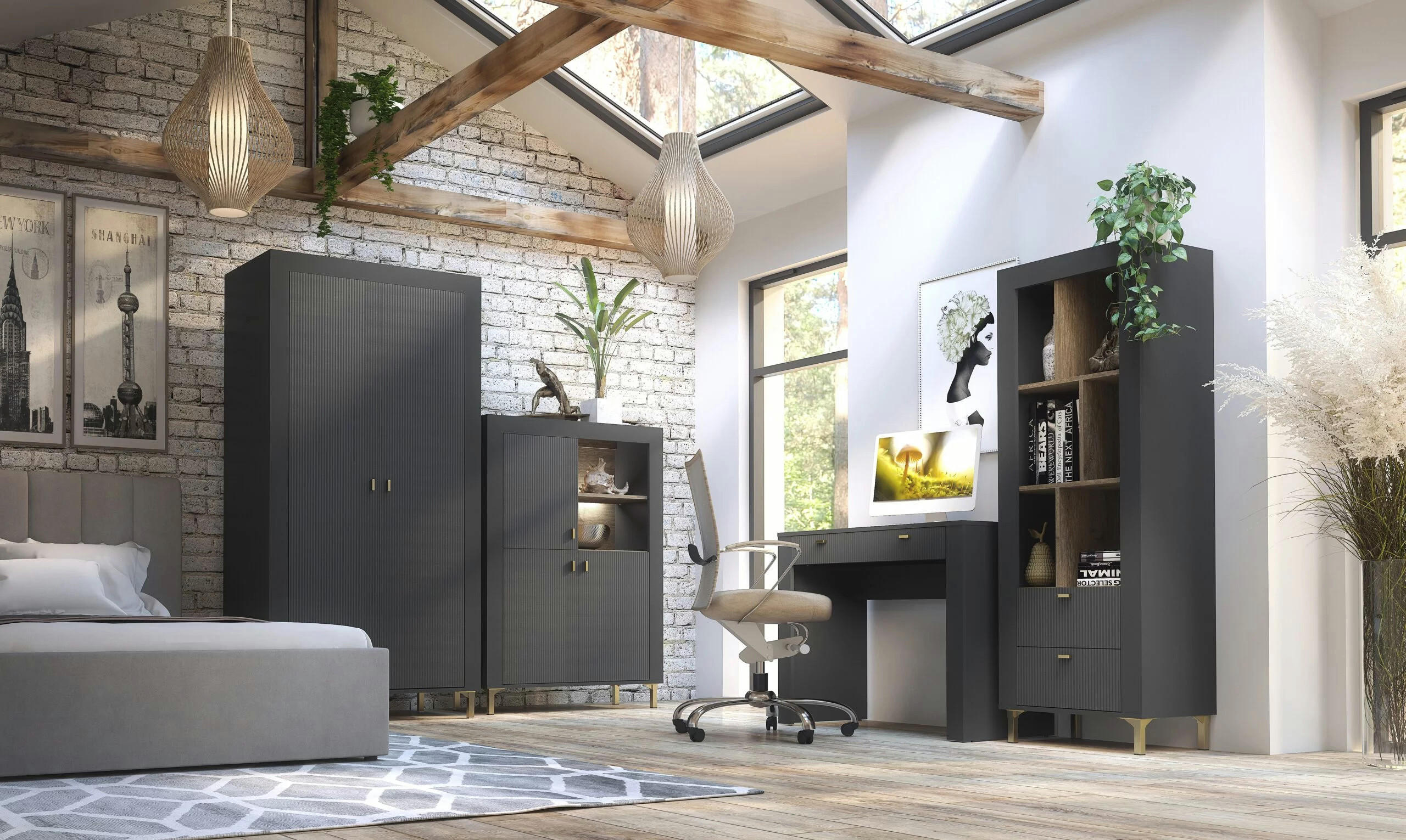 JUGENDZIMMER Mossa in Anthrazit & Eiche Whisky 5 teilig mit Polsterbett 120er Breite, Kleiderschrank Schreibtisch Highboard und Regal - Schwarz, Holzwerkstoff (80/200/120cm)