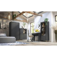 JUGENDZIMMER Mossa in Anthrazit & Eiche Whisky 5 teilig mit Polsterbett 140er Breite, Kleiderschrank Schreibtisch Highboard und Regal - Schwarz, Holzwerkstoff (80/200/120cm)