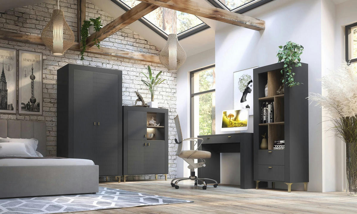 JUGENDZIMMER Mossa in Anthrazit & Eiche Whisky 5 teilig mit Polsterbett 140er Breite, Kleiderschrank Schreibtisch Highboard und Regal - Schwarz, Holzwerkstoff (80/200/120cm)