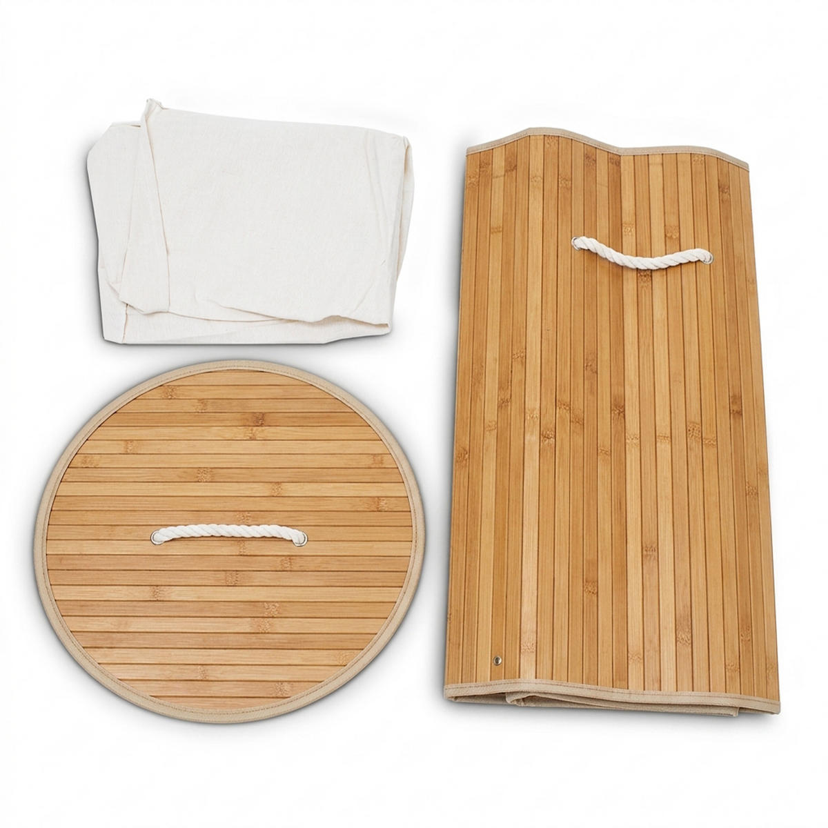 TVÄTTKORG natur bambu rund med lock hopfällbar 70 l - Ljusbrun, Trä/Textil (41/65/41cm) - Relaxdays