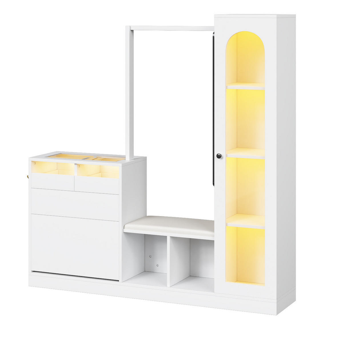 DIELENGARDEROBE 163/50/161 cm in Weiß mit Spiegel, Schuhschrank und Sitzbank - Weiß, Holzwerkstoff (163/161/35cm) - BEAOK