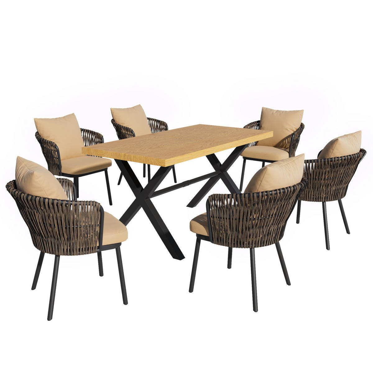 GARTEN-ESSGRUPPE 150/75/75 cm khaki/natur aus Eisen und Polyester für 6 Personen - Naturfarben, Metall - OKWISH