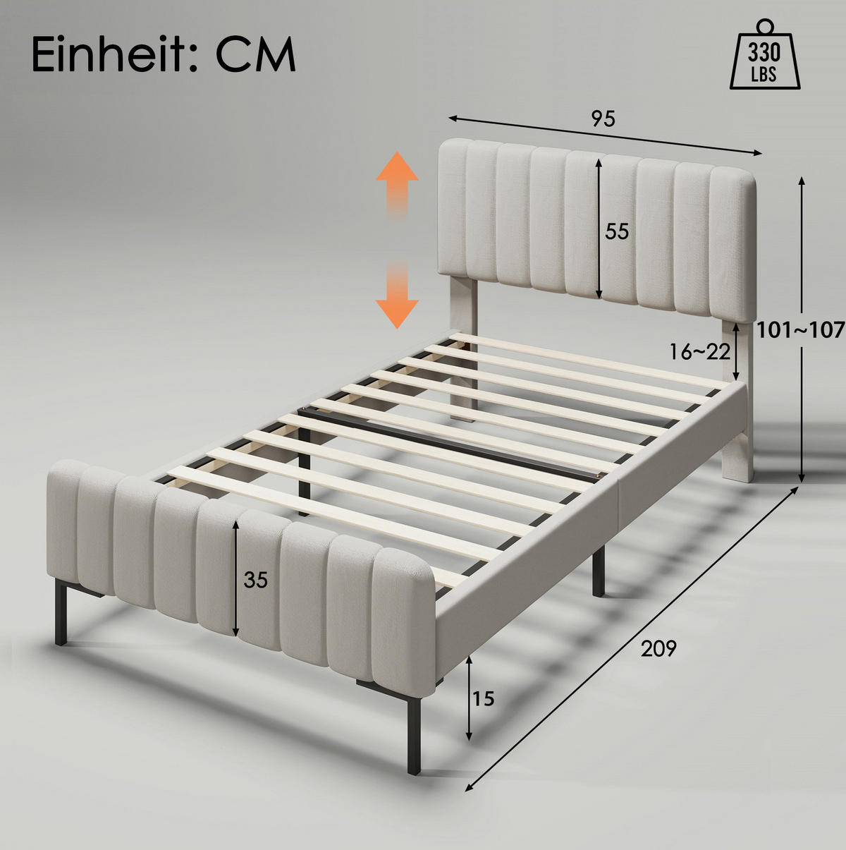 POLSTERBETT aus Leinen 90x200 cm in Beige mit Lattenrost & Matratze - Beige, Textil (90/200cm) - Modfu