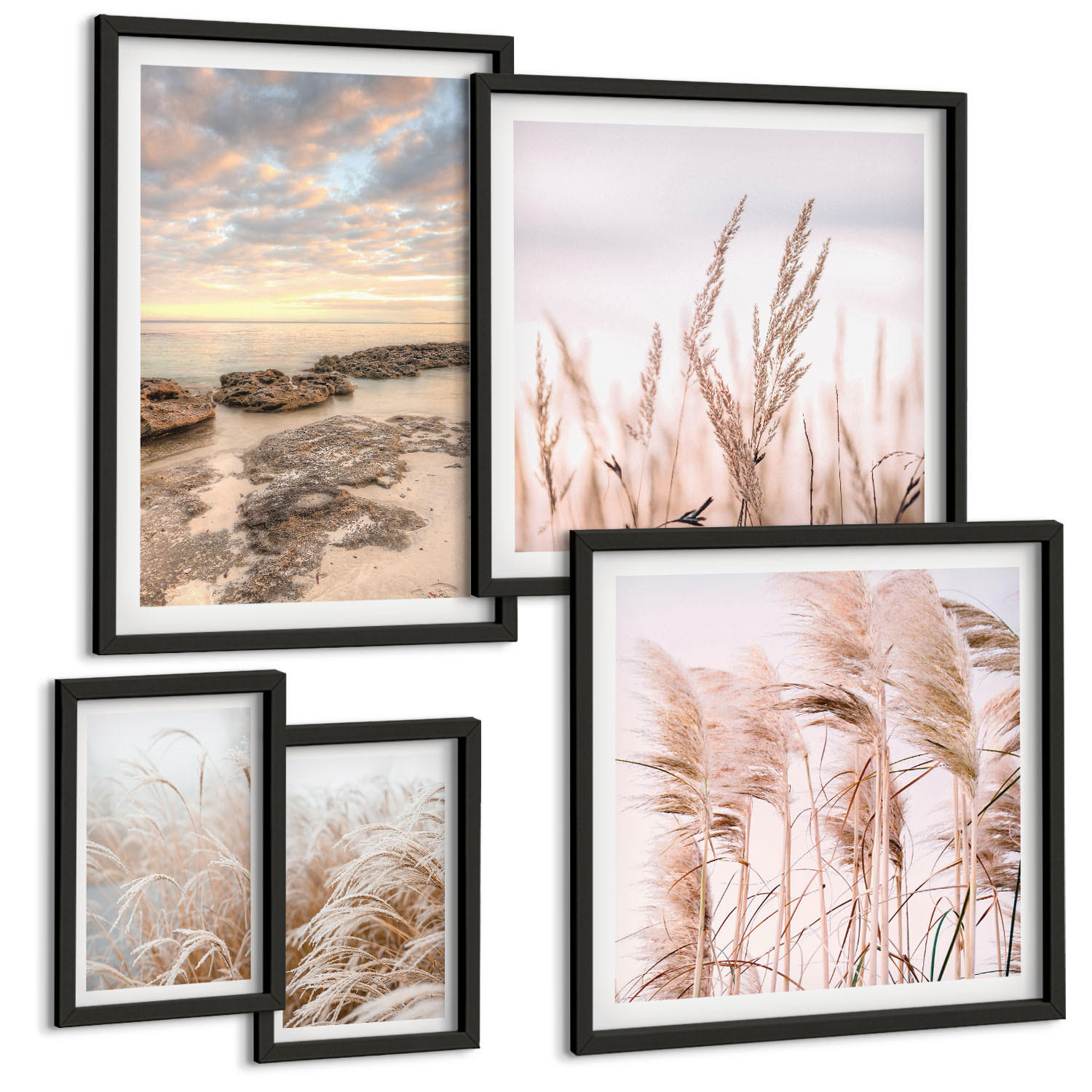 BILDER SET 5er Set - 50x50 cm & 20x30 cm & 40x60 cm Schwarzer Rahmen - Meerblick von Venedig - Schwarz, Kunststoff (40/60cm) - TULUP