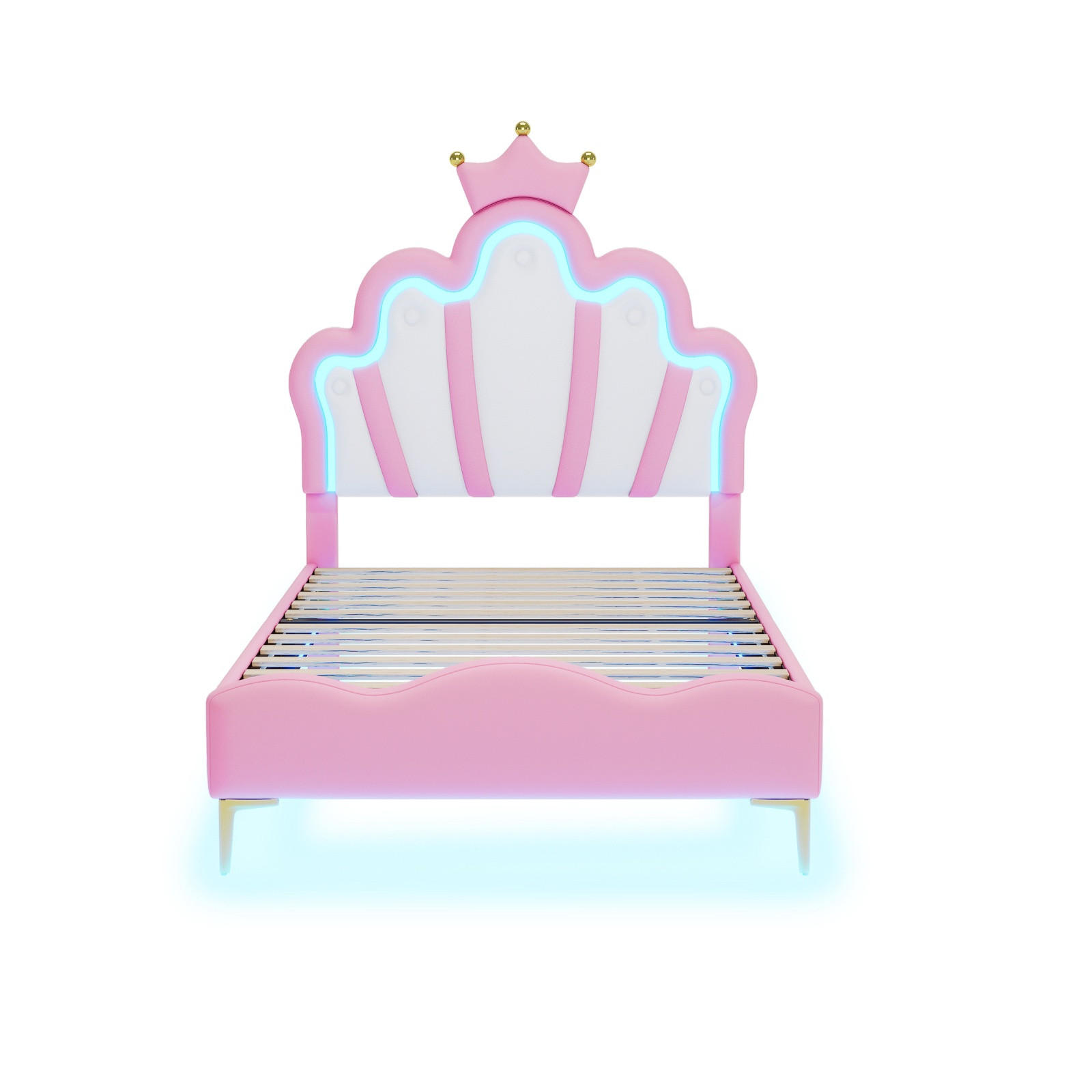 KINDER-POLSTERBETT 90x200 cm Princess Dream mit Kronen-Kopfteil und intelligenter RGB-LED, Kunstleder Pink & Weiß - Pink, Textil (90/200cm) - DELFA
