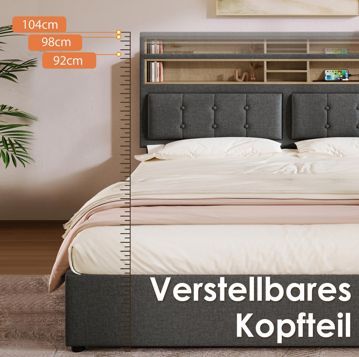 OBLAZINJENA postelja 140/200 cm z nastavljivim vzglavjem, USB in vtičnicami ter shranjevanjem, Siva - siva, tekstil (140/200cm) - Redom
