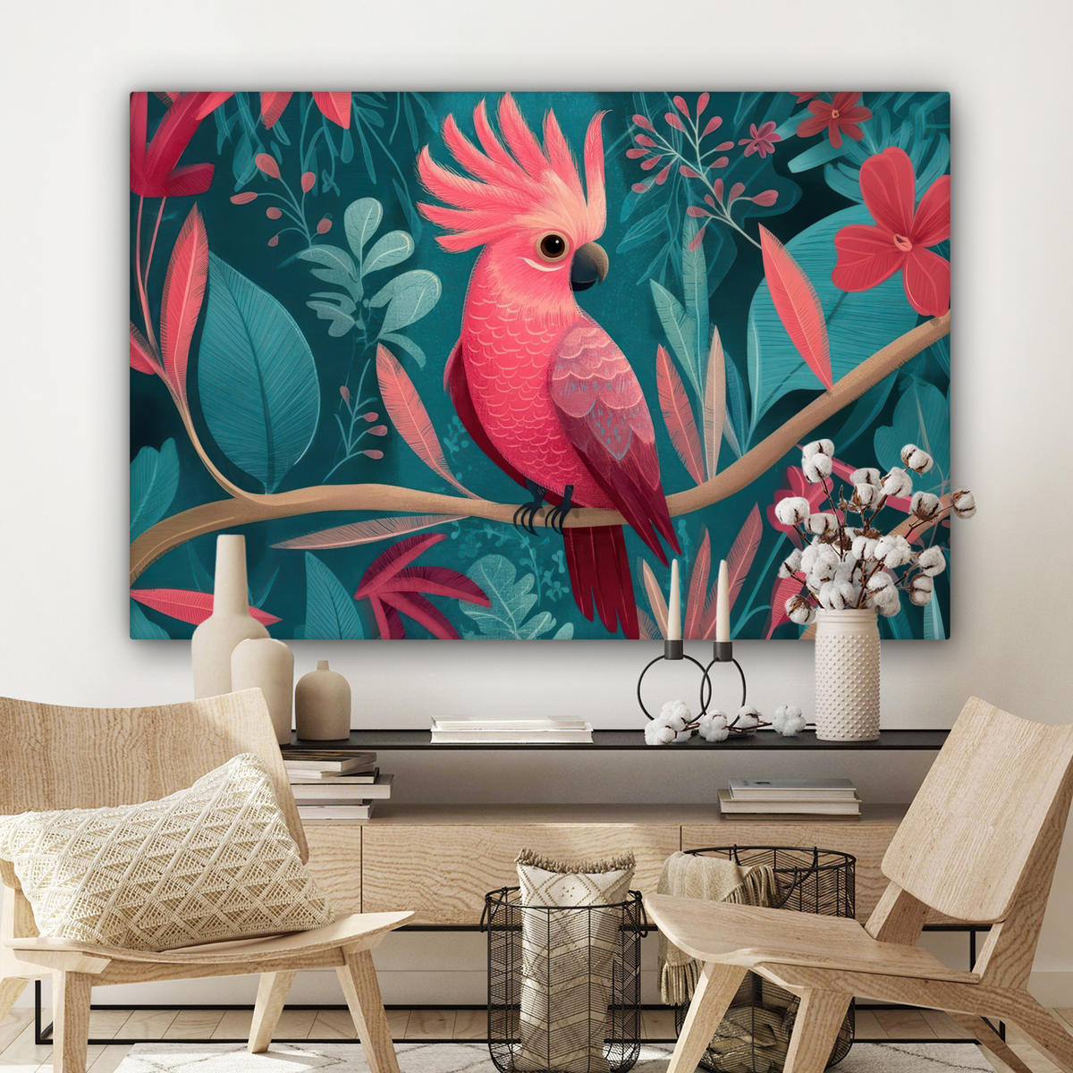 LEINWANDBILD Kakadu - Tropische Blätter - Zweig XXL 150x100 cm - Petrol, Textil (150/100cm) - MuchoWow