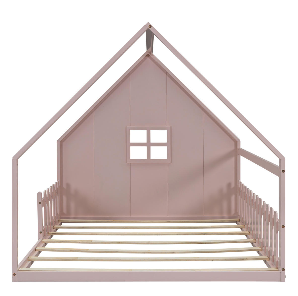 HAUSBETT 140/200 cm Rosa aus Kiefernholz mit Geländer für Kinder - Rosa, Holz (140/200cm) - Flora Grace