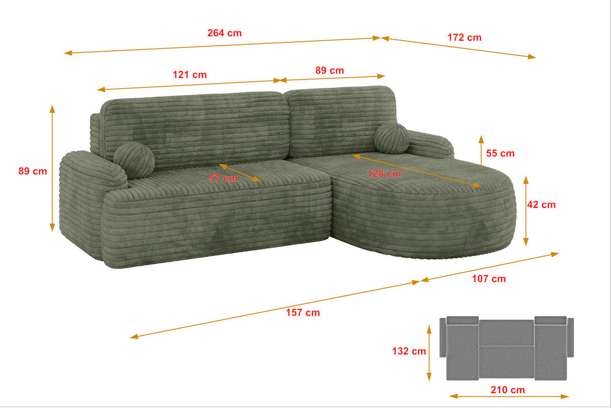 ECKSOFA mit Schlaffunktion und Bettkasten LIRA-L - 264x172x89 Olive - Olivgrün, Holzwerkstoff/Textil (172/264cm) - ALTDECOR