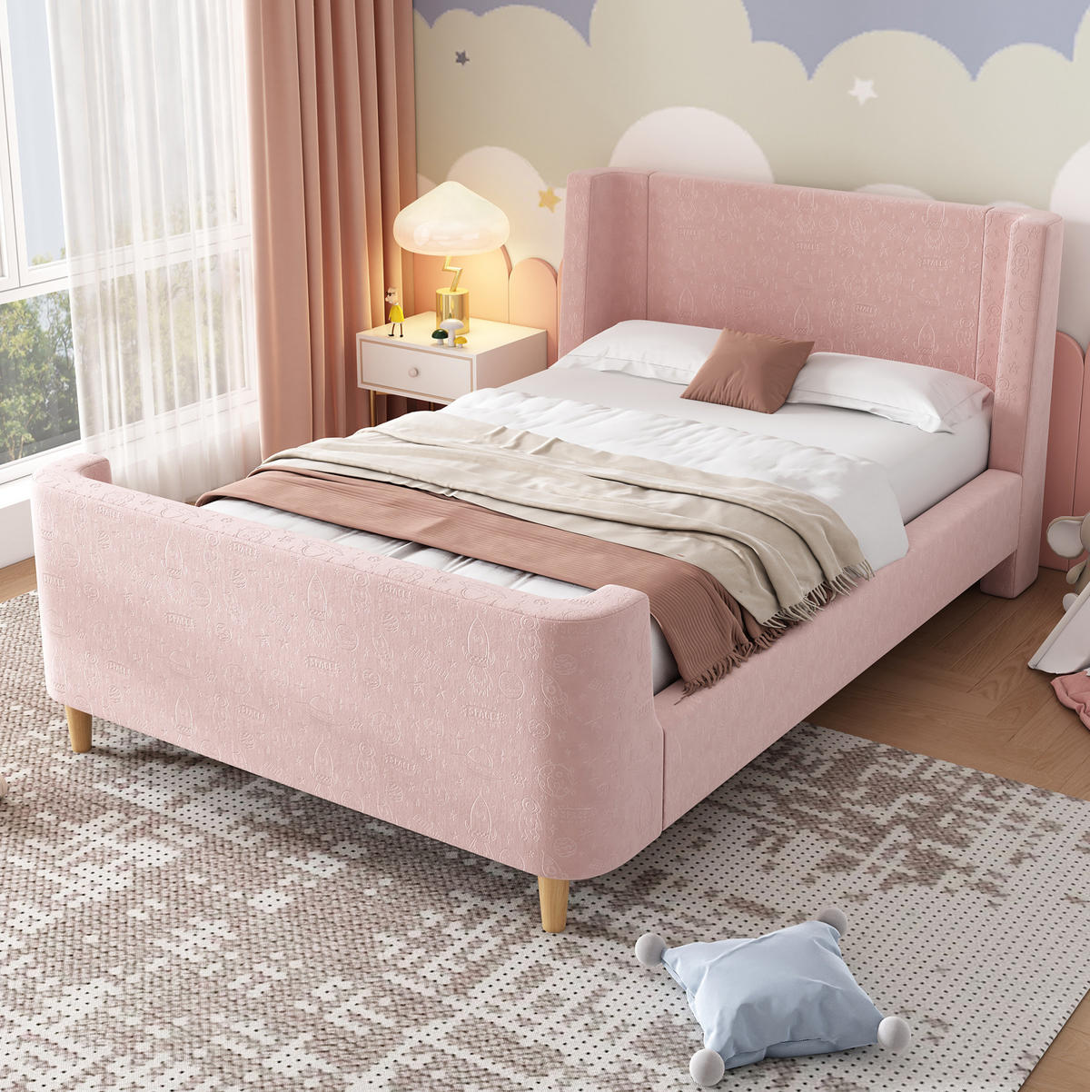 KINDERBETT 90/200 cm in Rosa aus Samt mit Weltraummuster und Schlittenbett-Design - Rosa, Textil (90/200cm) - Flora Grace