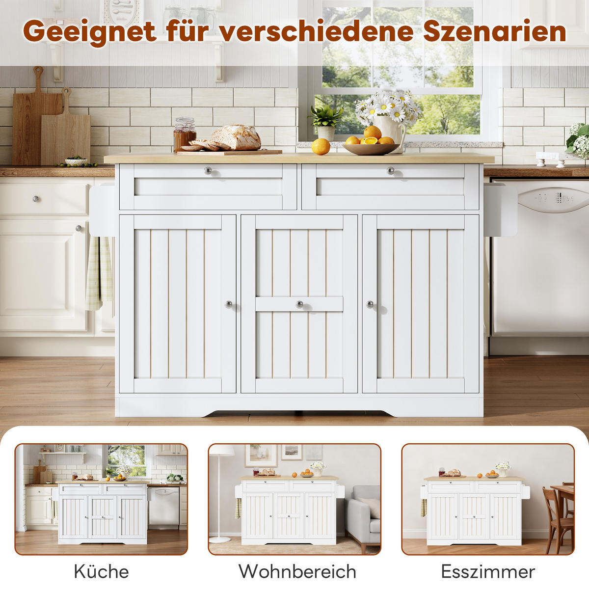 KÜCHENINSEL 120x45/70x92 cm klappbar mit 4 Schubladen - Weiß, Holzwerkstoff (120/92/70cm)