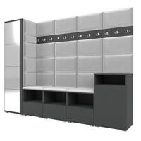 GARDEROBE NELA XI 250 cm (Modulare Flurmöbel Graphit mit Spiegel & Sitzpolster Hellgrau 32 Großes Set) - Silberfarben/Hellgrau, Holz/Holzwerkstoff (250/187/40cm) - Ravio