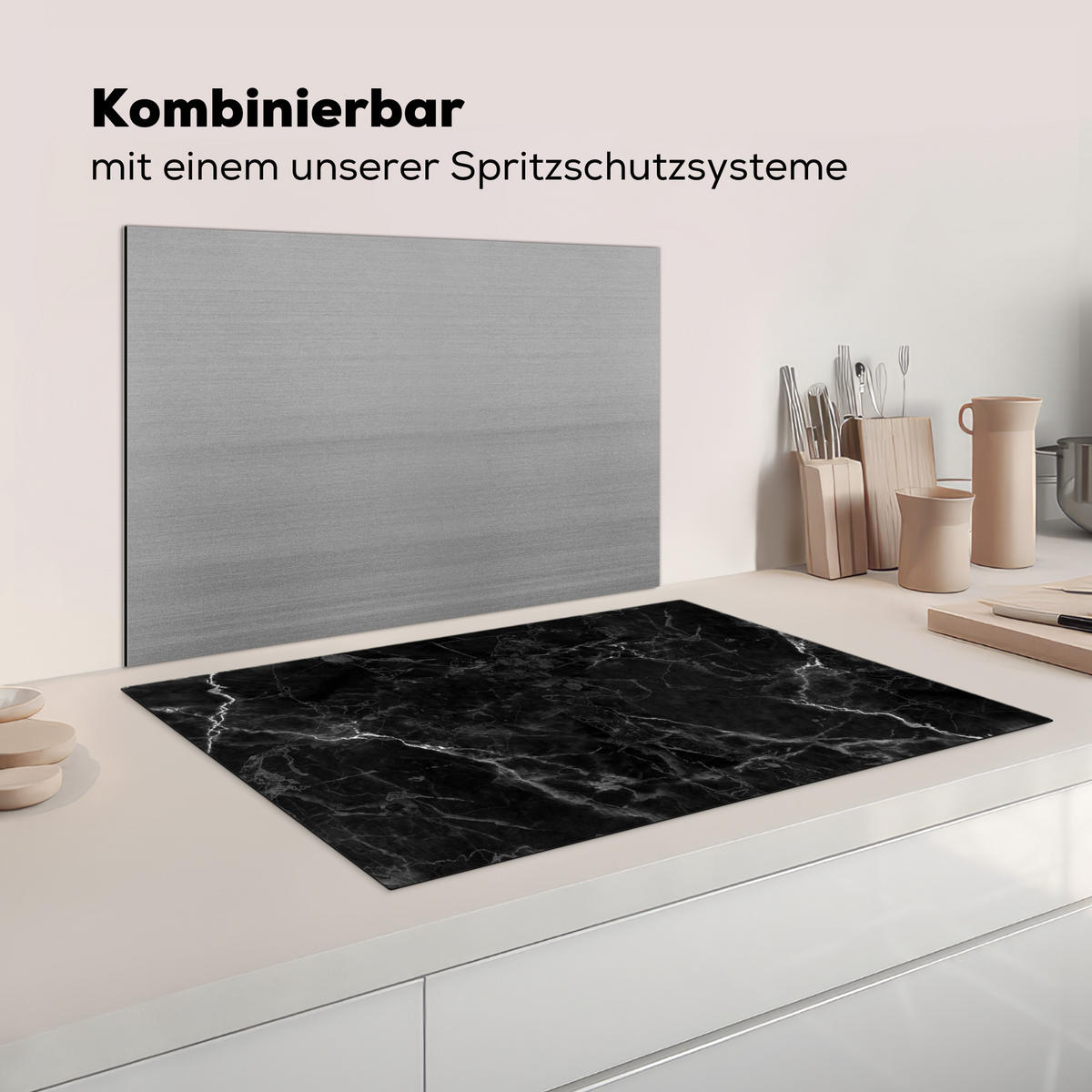 HERDABDECKPLATTE Marmor - Schwarz - Weiß - Textur - Marmoroptik Induktionsschutz 81.6x52.7 cm - Silberfarben, Kunststoff (81.6/52.7/0.2cm) - MuchoWow