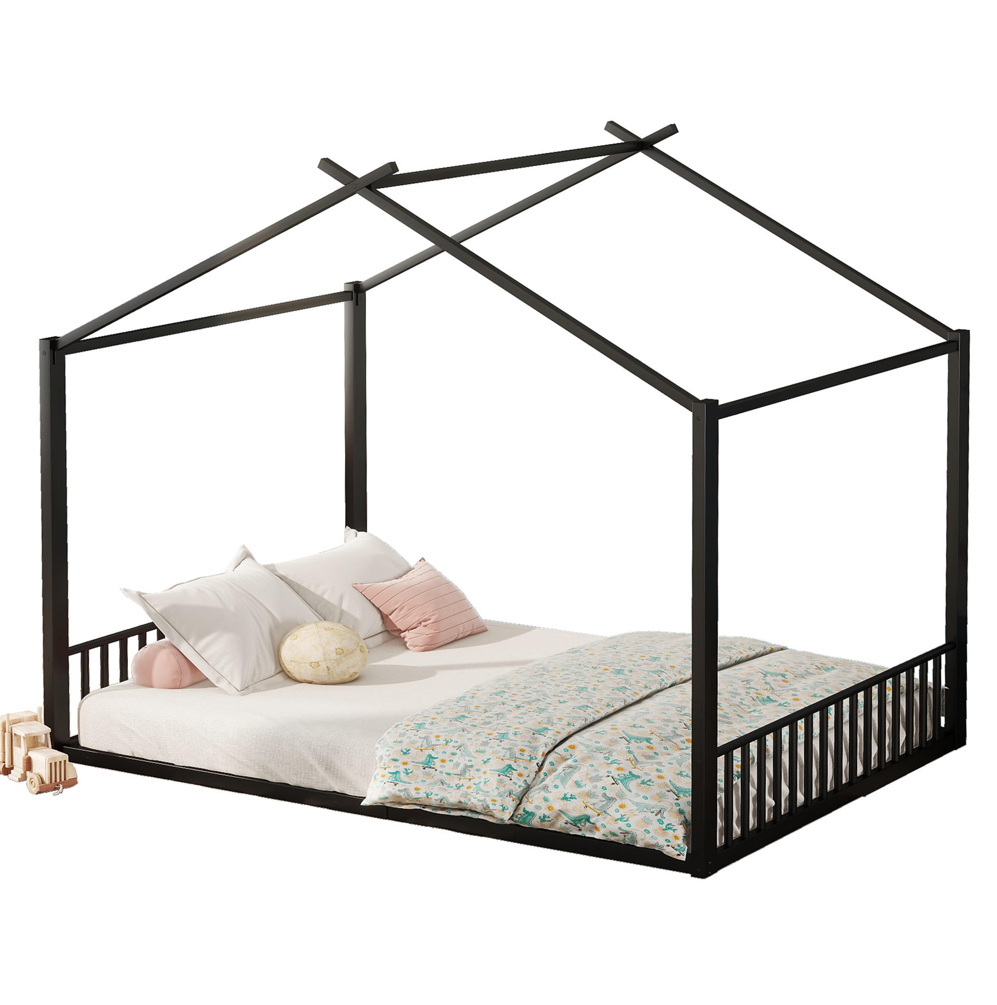 OKWISH DĚTSKÁ postel 140/200 cm černá z kovu s konstrukcí ve tvaru domu