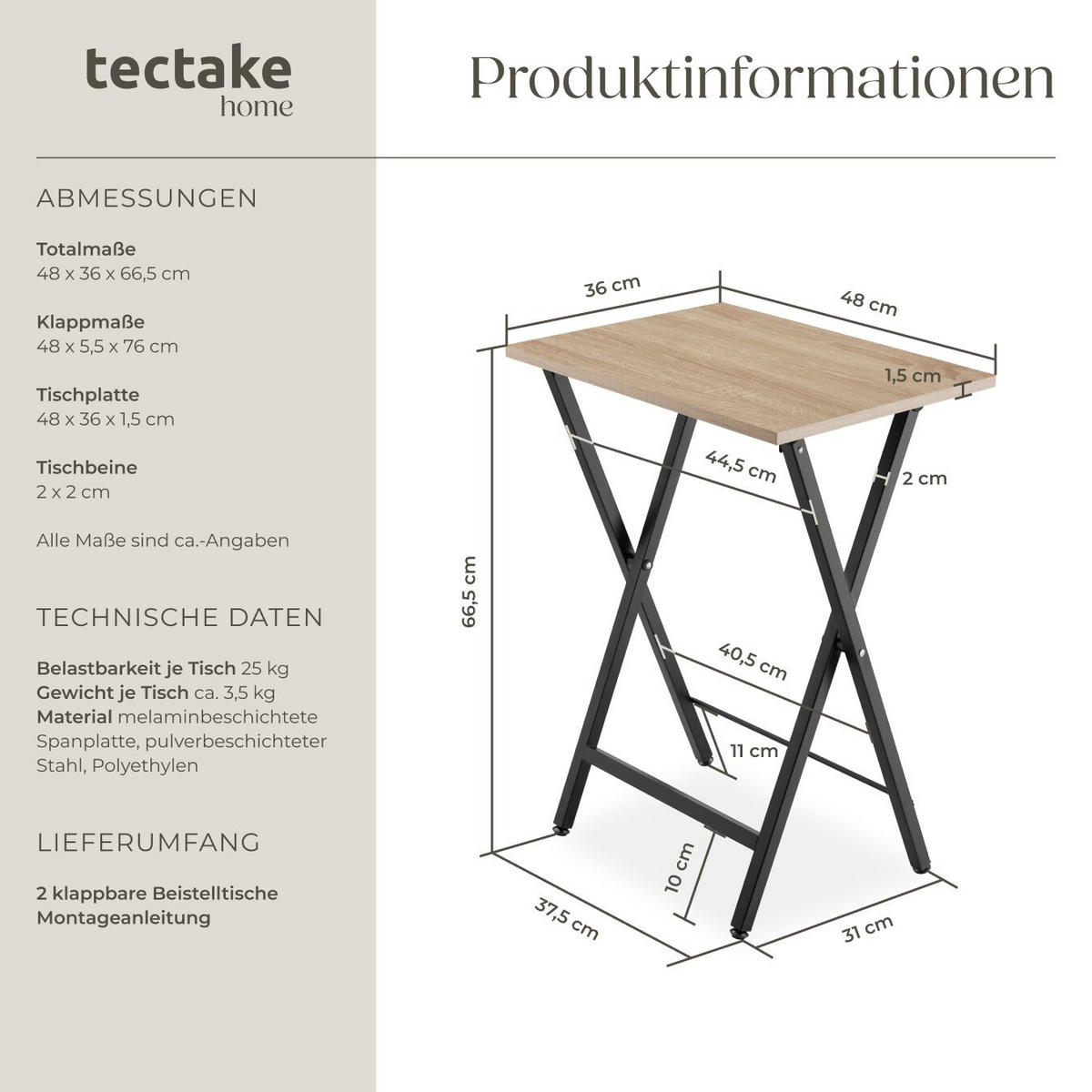 BEISTELLTISCHE 2er Set Phoenix, Industrial Holz hell, Eiche Sonoma - Naturfarben, Holzwerkstoff (48/36/66.5cm) - tectake