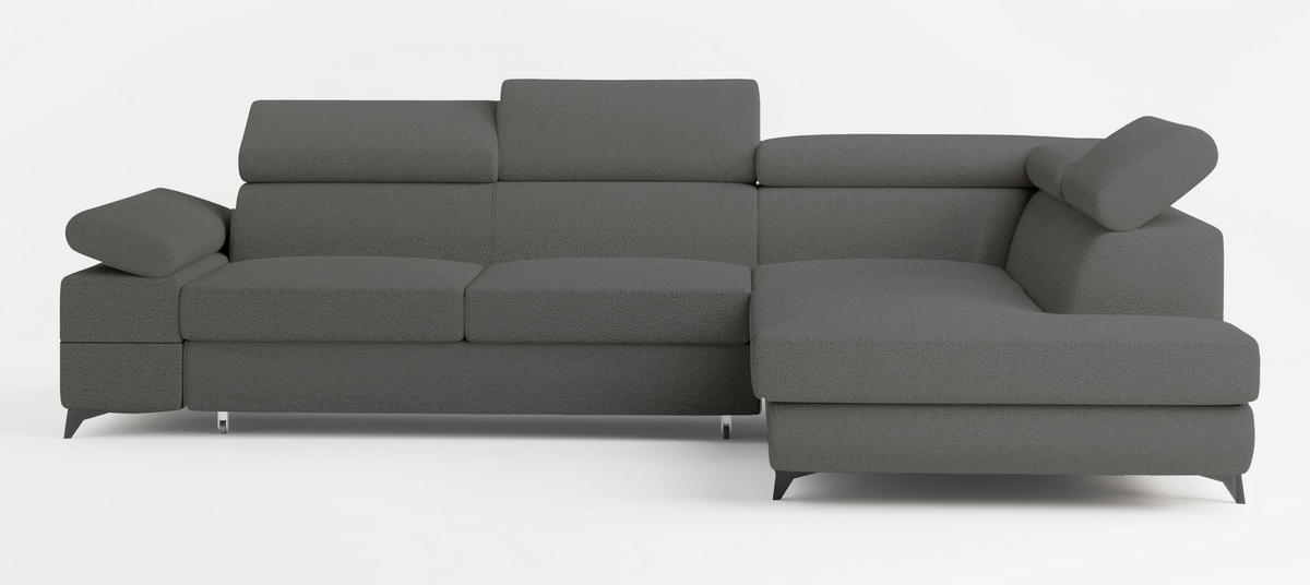 ECKSOFA FAVIEN R-S Grau Boucle-Stoff mit Schlaffunktion - Grau, Holz (257/190cm) - MASSENO
