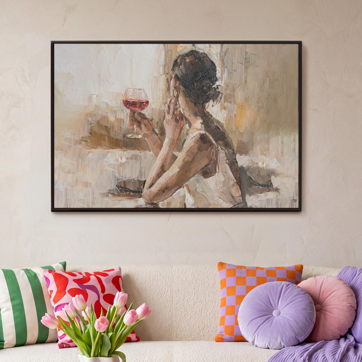 LEINWAND Bilder mit Rahmen - Ölgemälde - Frau - Wein - 90x60 - Hellbraun, Textil (90/60cm) - MuchoWow