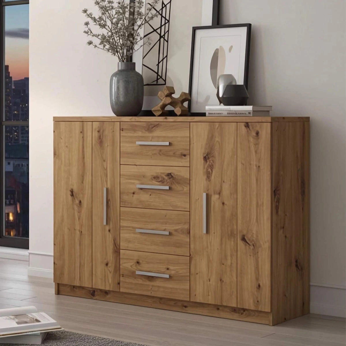 KOMMODE Tamiza 120 cm 4-Schubladen und 2-Türen - Eichefarben/Silberfarben, Holzwerkstoff/Kunststoff (120/90/40cm) - Ravio