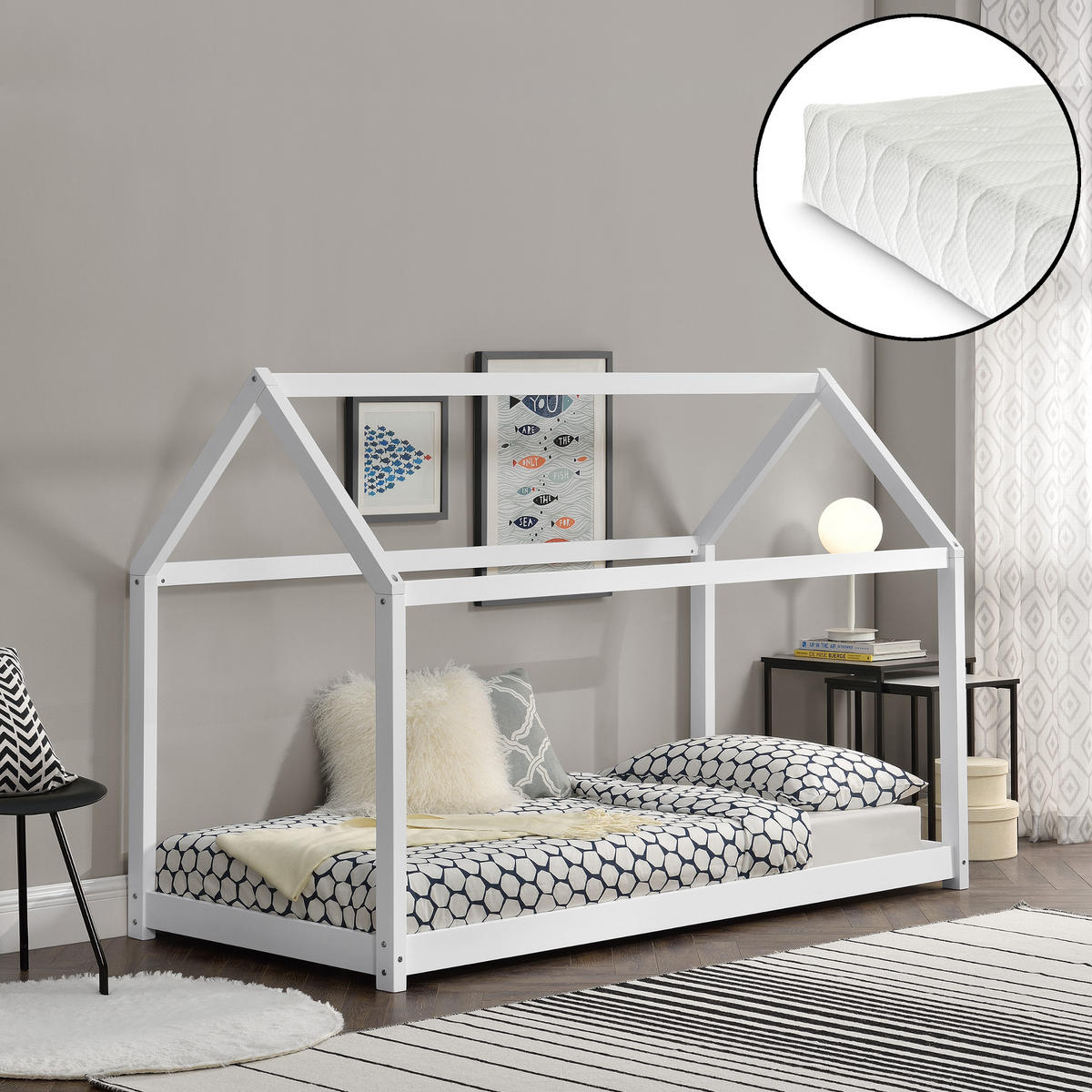 HAUSBETT Netstal mit Matratze - Weiß, Holz/Textil (90/200cm) - [en.casa]