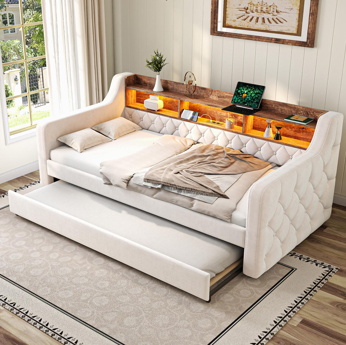 SCHLAFSOFA 90/190 cm aus Samt mit Ausziehfunktion, LED-Beleuchtung, USB-C und Stauraum, Beige - Beige, Textil (201/75/107cm) - Redom