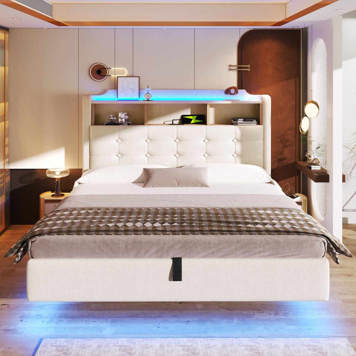 POLSTERBETT 140/200 cm mit LED-Beleuchtung und Bettkasten in Beige - Beige, Textil (140/200cm) - BEAOK