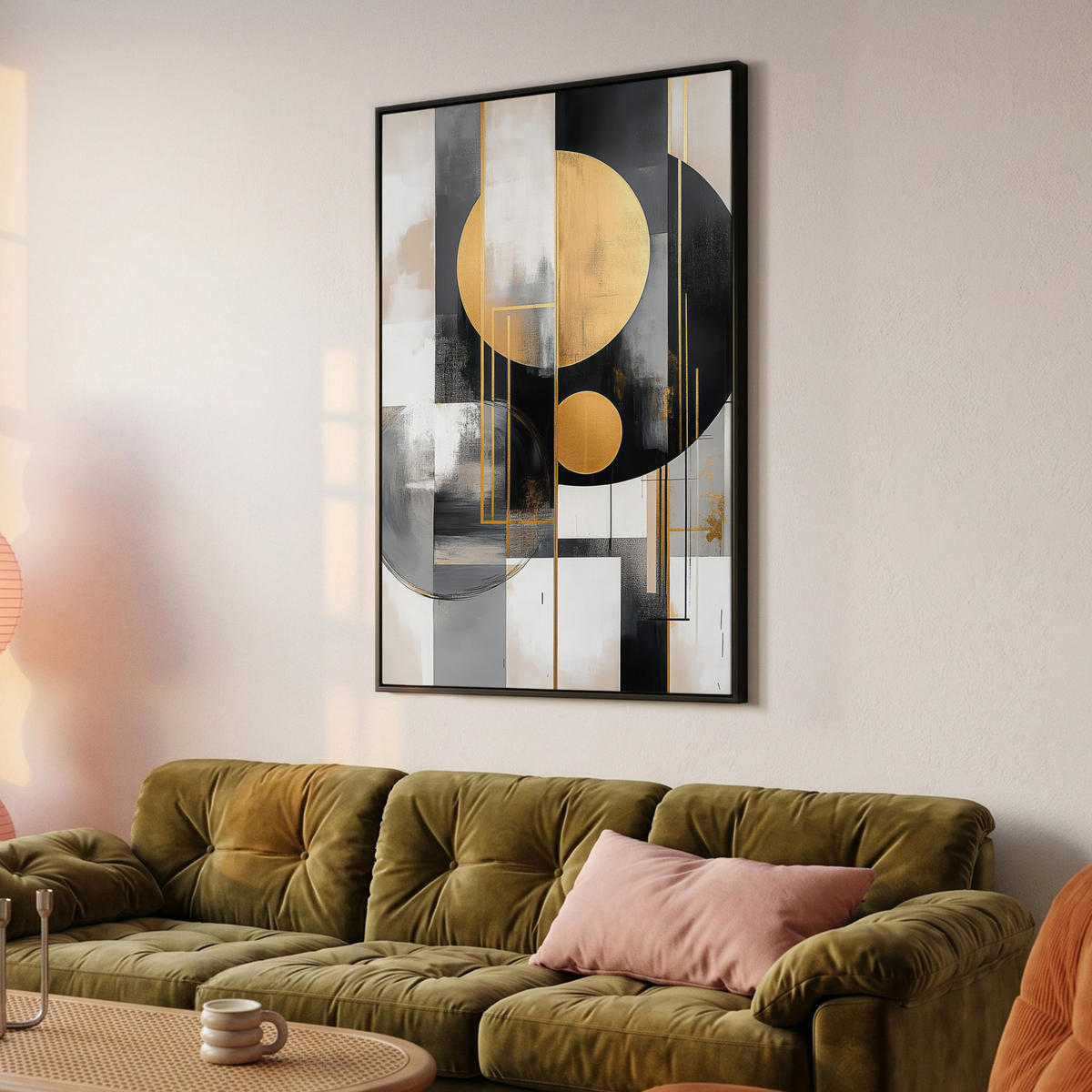 LEINWAND Bilder mit Rahmen - Abstrakt - Gold - Silber - Formen - Ästhetisch - Modern - 100x150 - Goldfarben, Textil (100/150cm) - MuchoWow