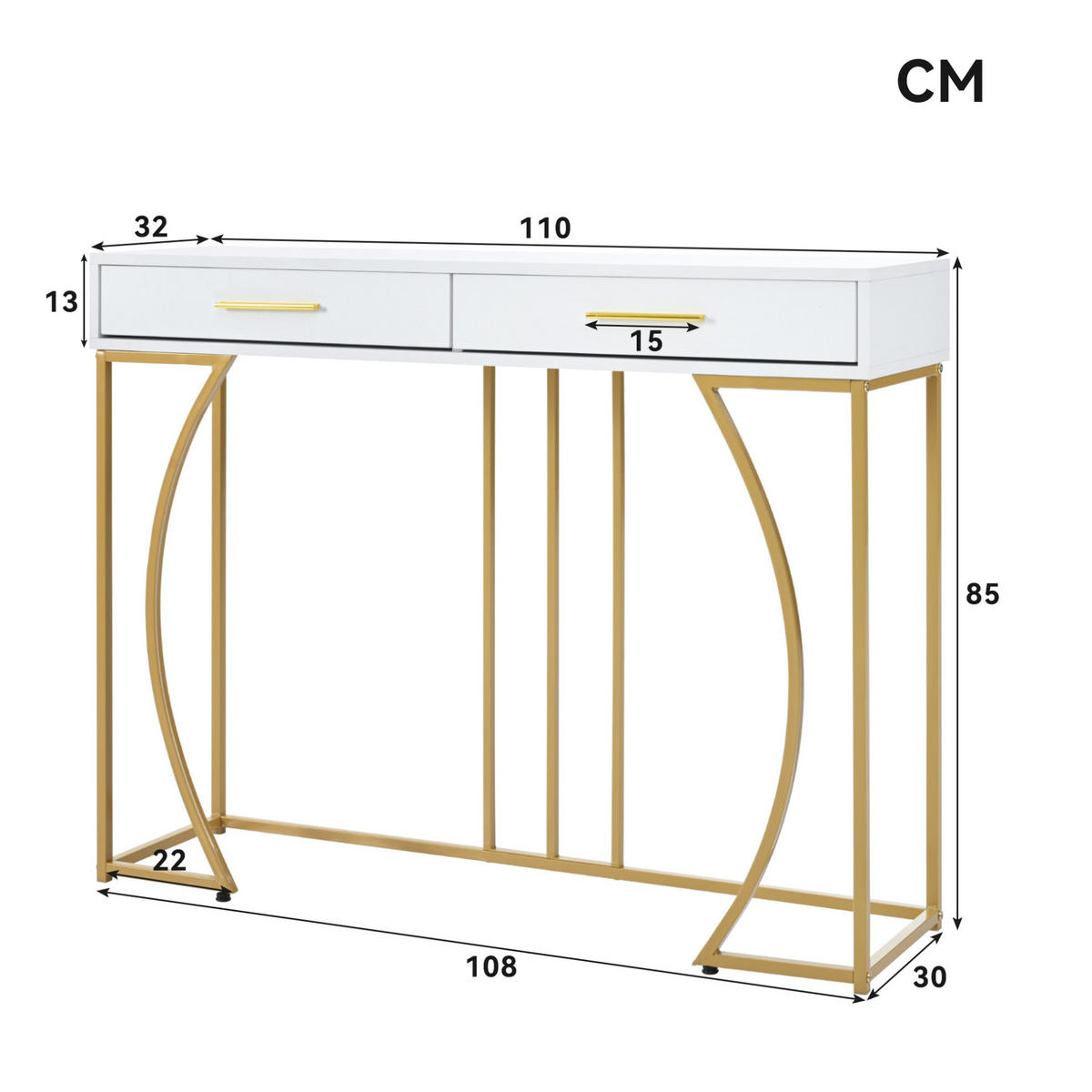 KONSOLENTISCH 120/38/76 cm weiß mit 2 Schubladen und Metallgestell - Weiß, Holzwerkstoff (32/110/85cm) - OKWISH