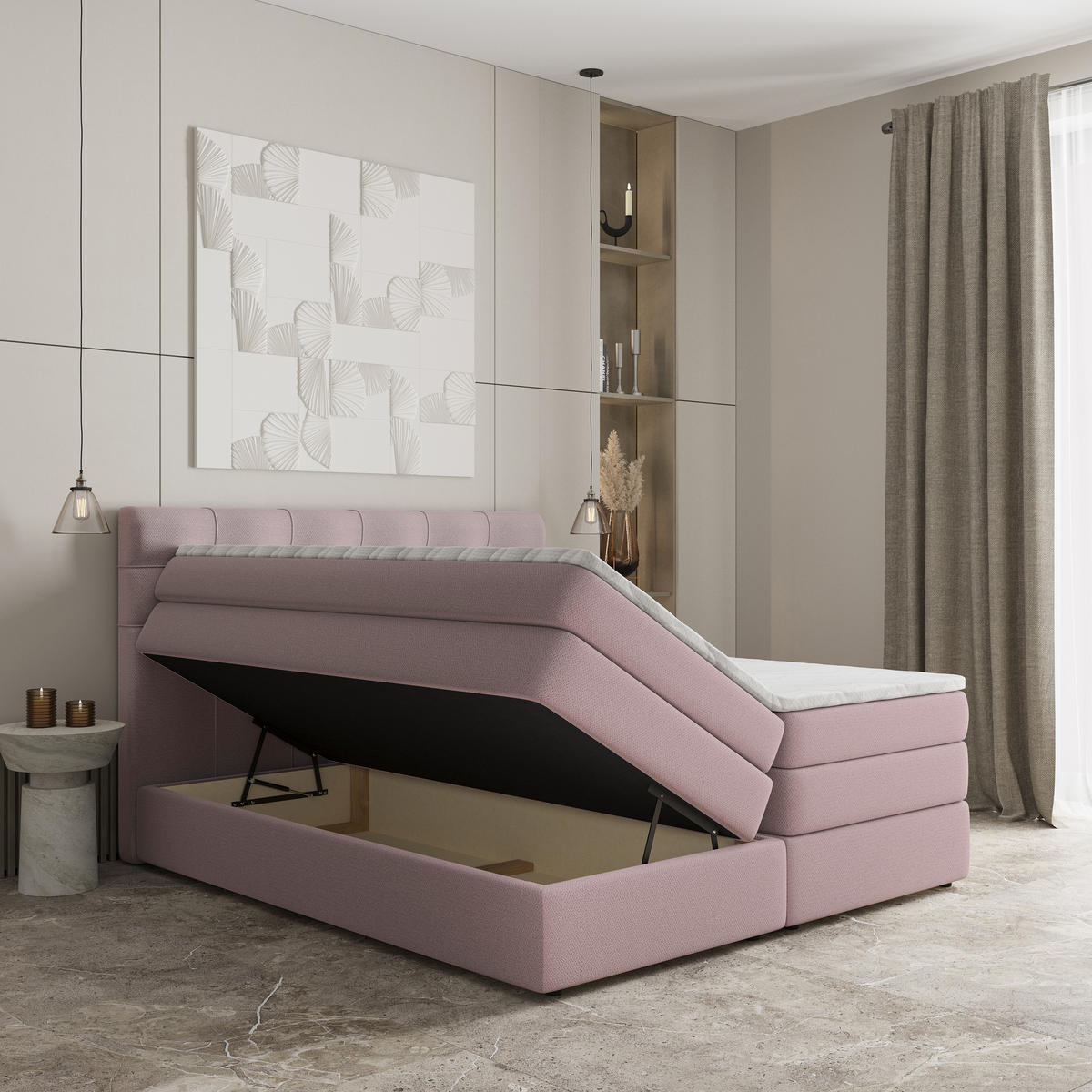 BOXSPRINGBETT AREZI 180x200 cm mit Matratze und Topper - Rosa - Rosa, Holz (180/200cm) - MASSENO