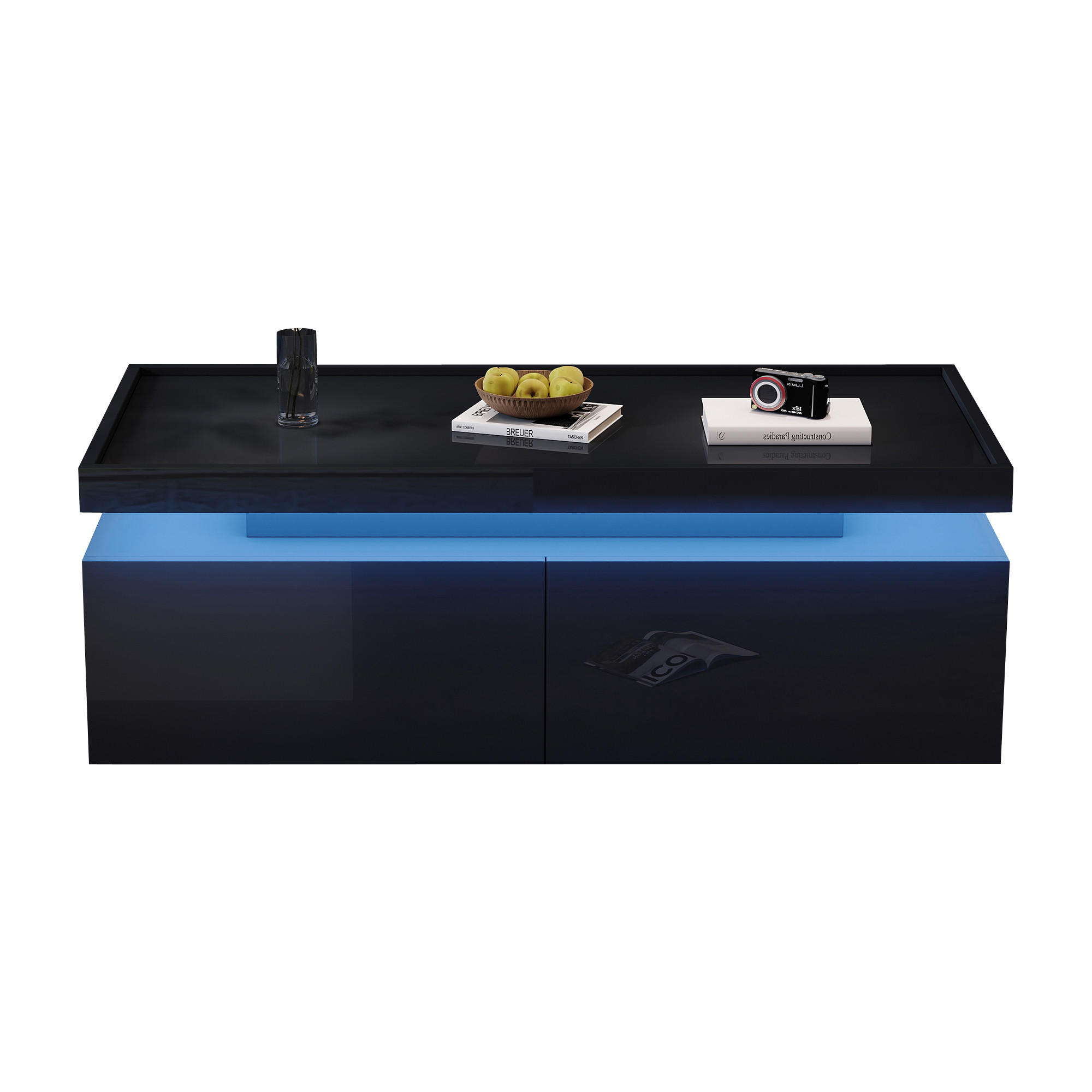 COUCHTISCH in Schwarz mit LED und Schubladen für Wohnzimmer, B95/T45/H35 cm - Schwarz, Holzwerkstoff (45/95/35cm) - STILVORA