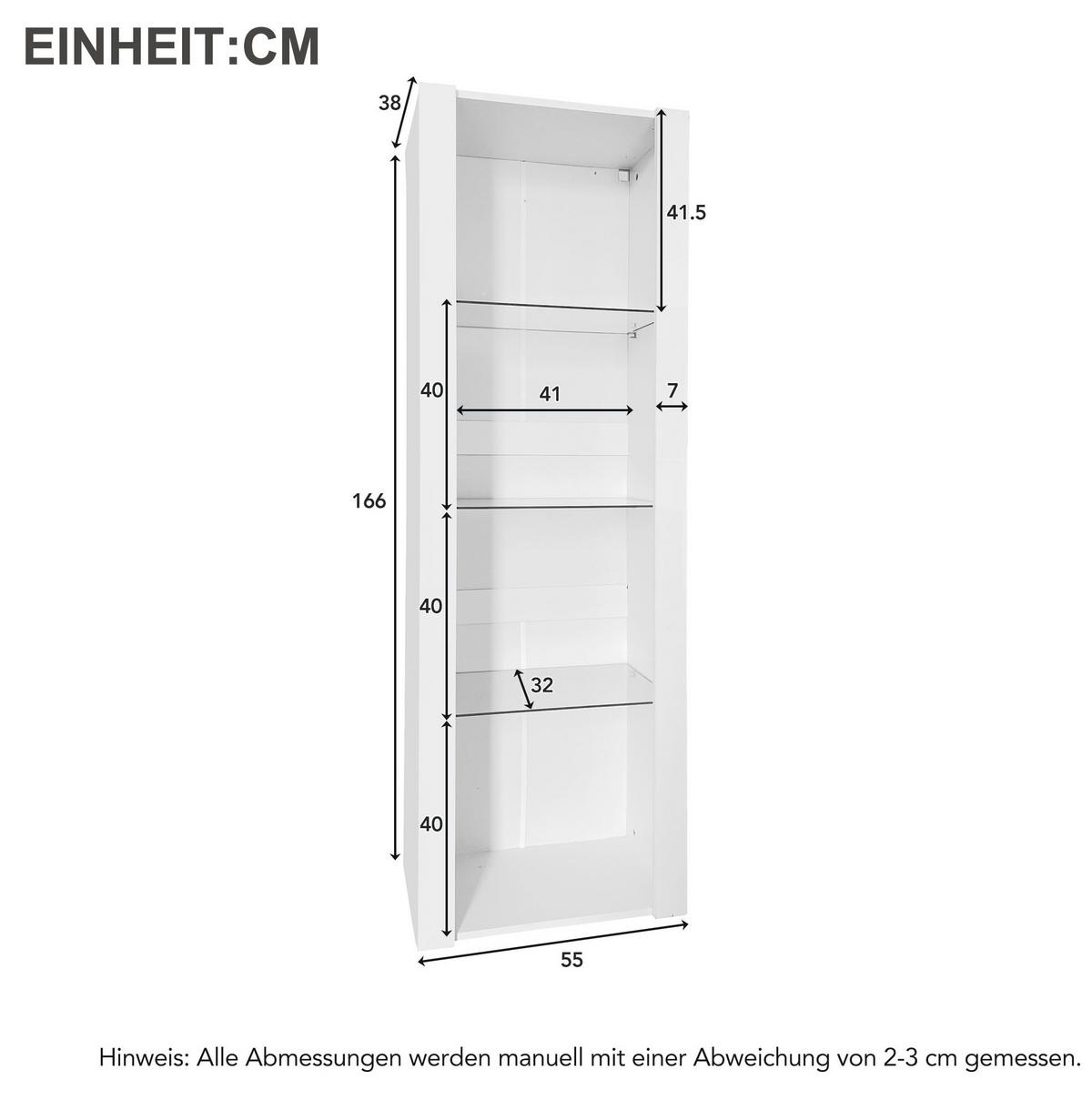 VITRINA 55/38/166 cm bijela od iverice s LED rasvjetom i 3 staklene police - bijela, drvni materijal (55/166/38cm) - OKWISH