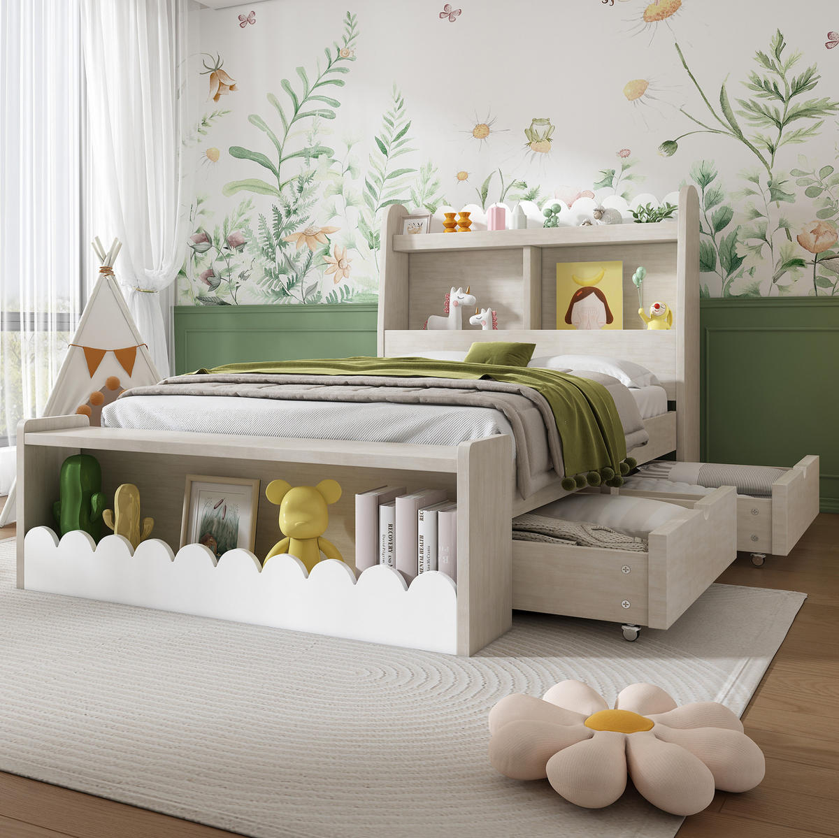 KINDERBETT 90/200 cm aus Massivholz und MDF mit Schubladen, Regal und Sitzbank Weiß/Eichefarben - Weiß, Holzwerkstoff (90/200cm) - Modenvie
