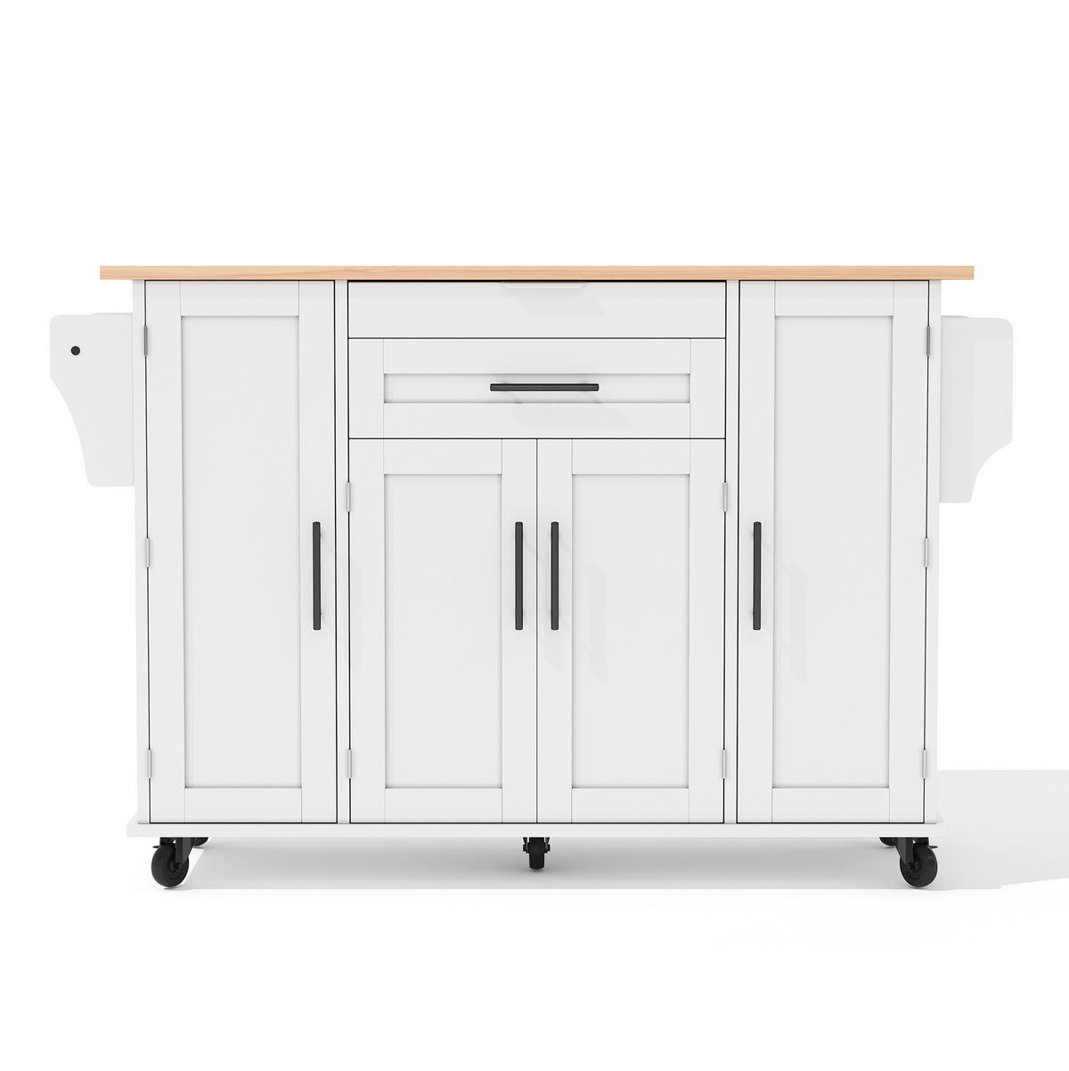 KÜCHENINSEL aus MDF 136x70x92 cm Weiß/Natur mit ausziehbarer Arbeitsplatte, Rollen, Schubladen und verstellbaren Einlegeböden - Weiß, Holzwerkstoff (136/92/70cm) - Modfu