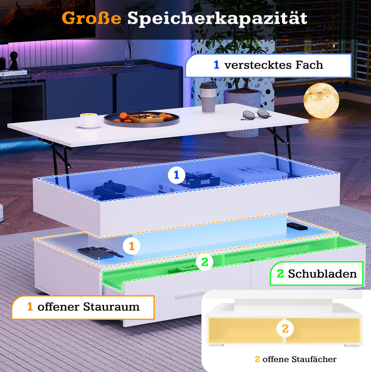 COUCHTISCH 100/50/44 cm weiß aus Spanplatte mit Höhenverstellung, LED-Beleuchtung und Stauraum - Weiß, Holzwerkstoff (100/50/44cm) - OKMYHOME