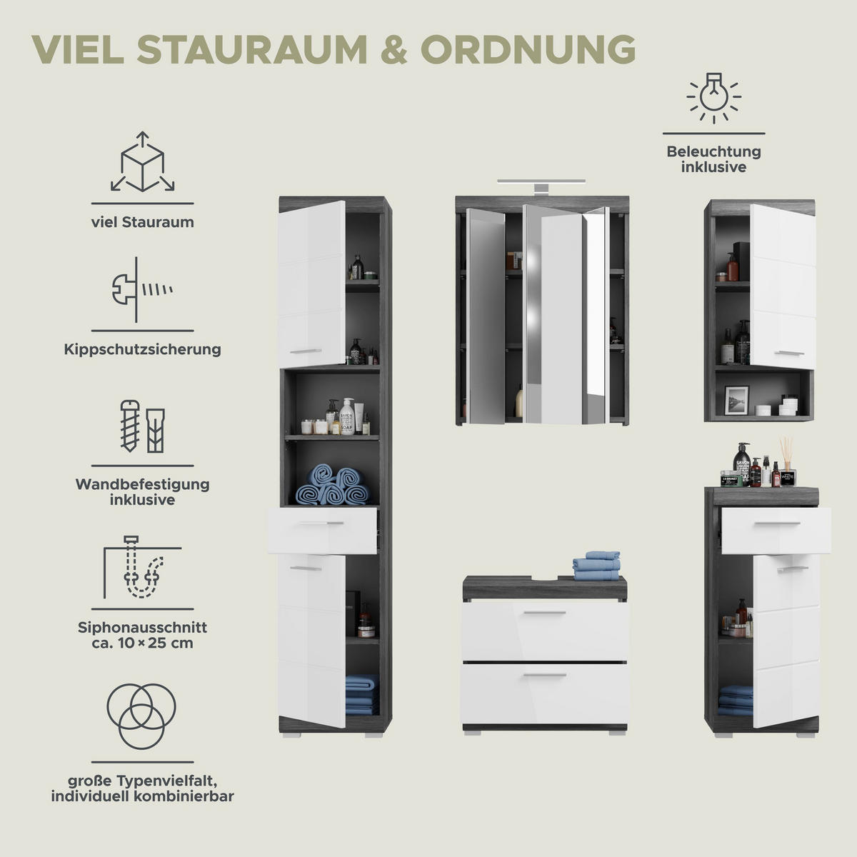 BADKOMBINATION 5tlg. Scout Bad in Rauchsilber Nachbildung und weiß hochglanz B/H/T: 164x191x34 cm - Anthrazit, Holz (164/191/37cm)