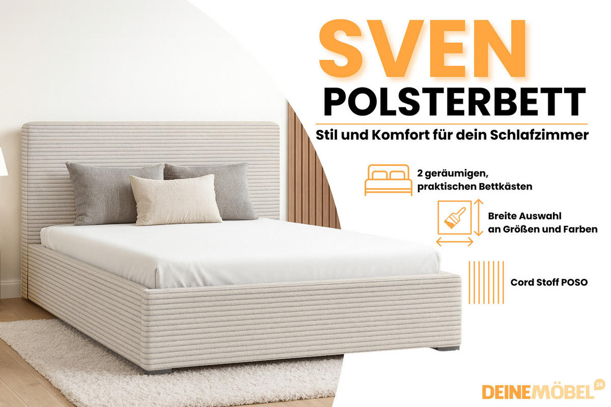 POLSTERBETT SVEN 200/200 in Cord Ecru - Ecru, Holz/Holzwerkstoff (200/200cm) - Deine Möbel 24