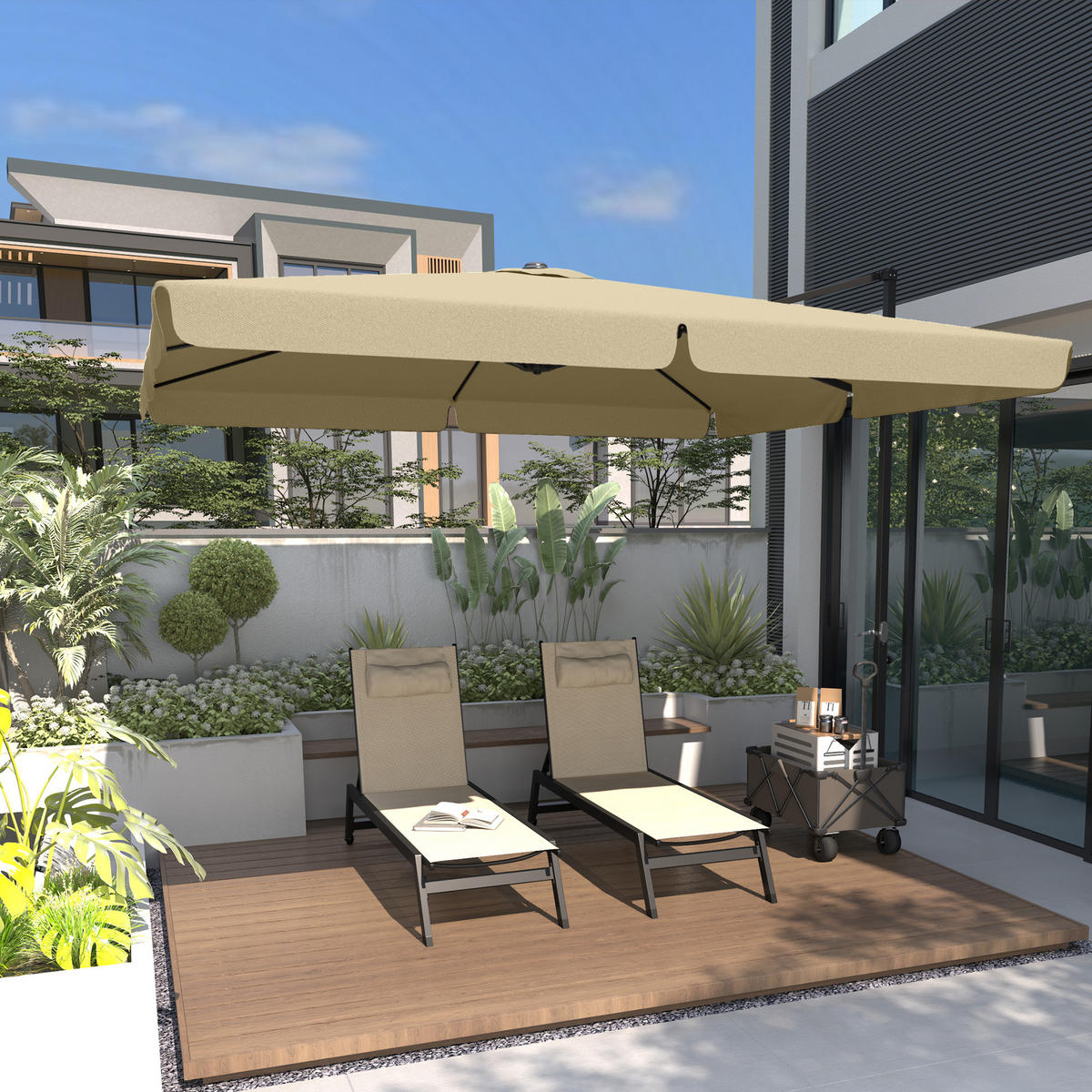 SONNENLIEGE DE-15612 Aluminium + Textilene, klappbar, mit Rollen & Kopfkissen Khaki - Mokka, Metall (55/90/164cm) - ComfortXL