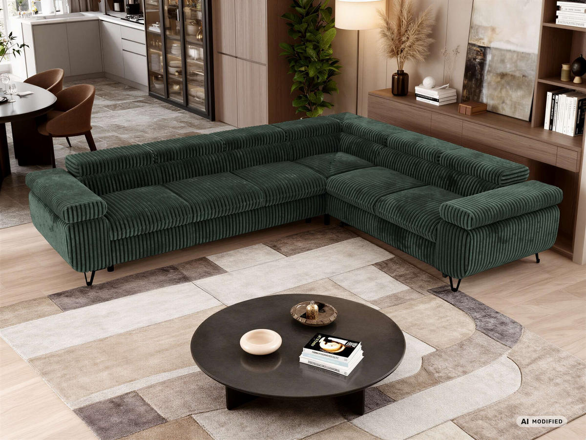ECKSOFA NORDEN L - Dunkelgrün Cord - Links Seite - Dunkelgrün/Schwarz, Textil/Metall (269/329cm) - MKS