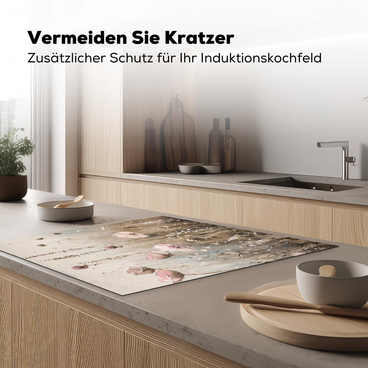 HERDABDECKPLATTE Blumen - Beige - Trockenblumen 78x78 cm - Beige, Kunststoff (78/78/0.2cm) - MuchoWow