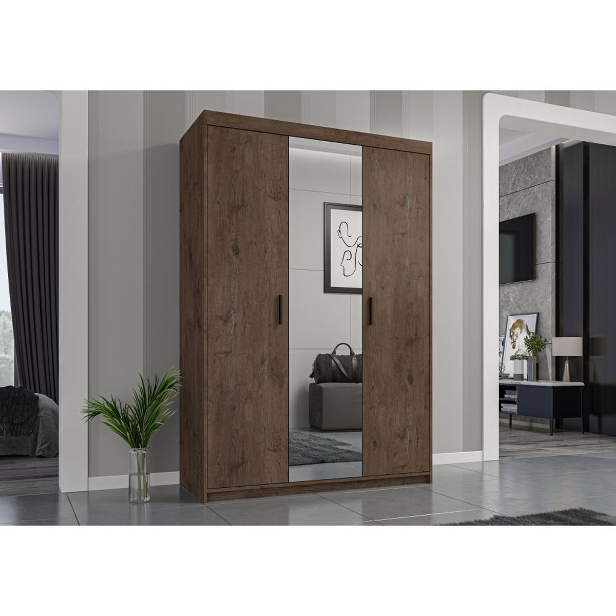 DREHTÜRENSCHRANK Elena mit 3 Türen, mit Spiegel, Eiche Lefkas - Eichefarben, Holzwerkstoff (130/190/53cm) - Beautysofa